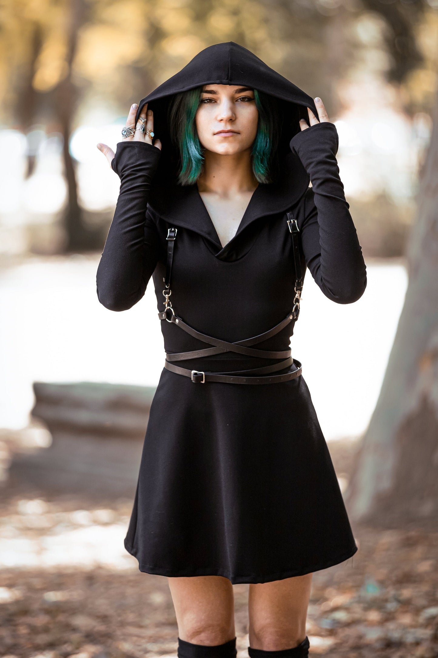 hooded black skater dress with long sleeve and thumbholes
