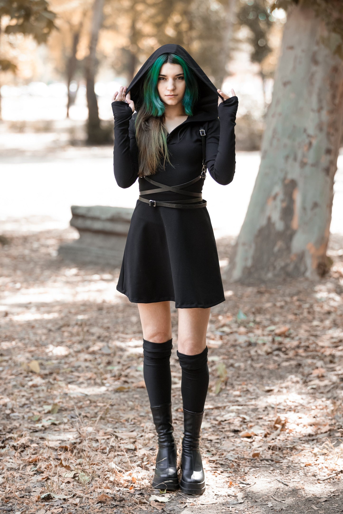 Lilith hooded skater dress with long sleeve and thumbholes