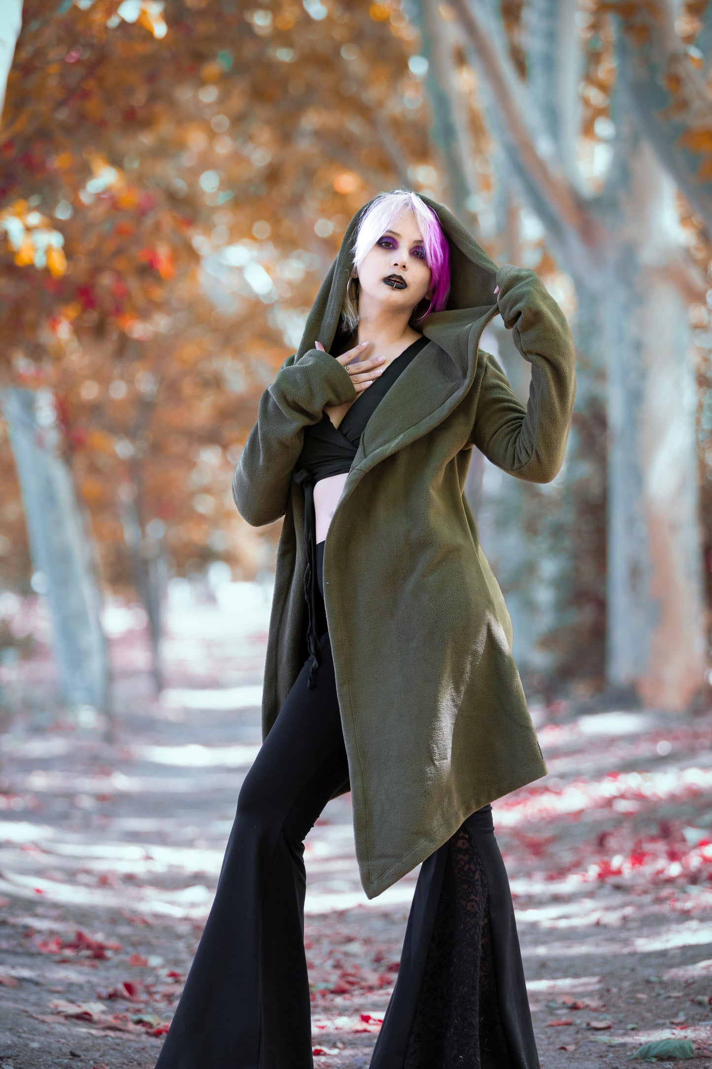 Black Hooded Elven Wrap Cloak – Asymmetrical Fleece Cape with Maxi Hood