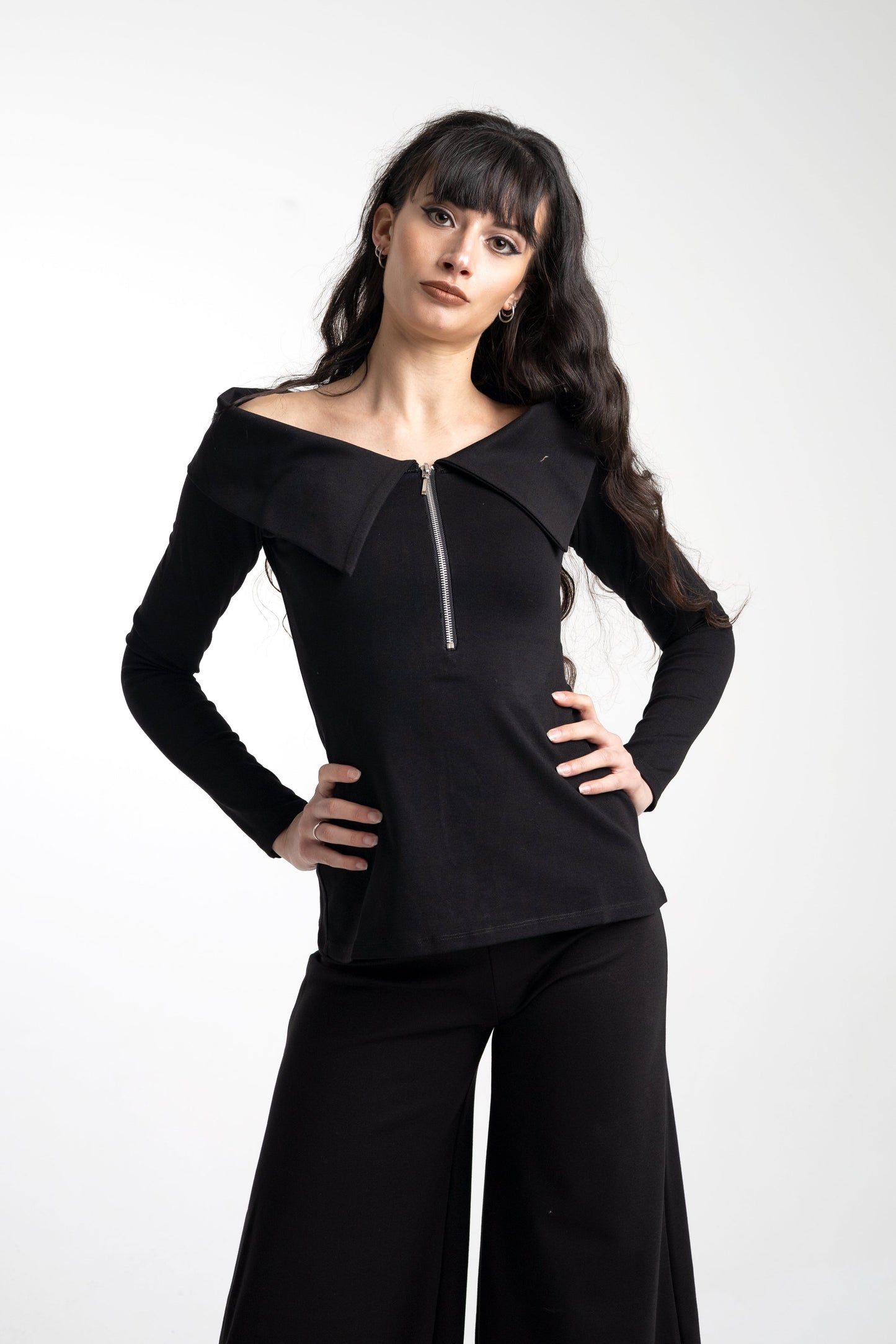 Boat neck collar zipper top- Bardot victorian top