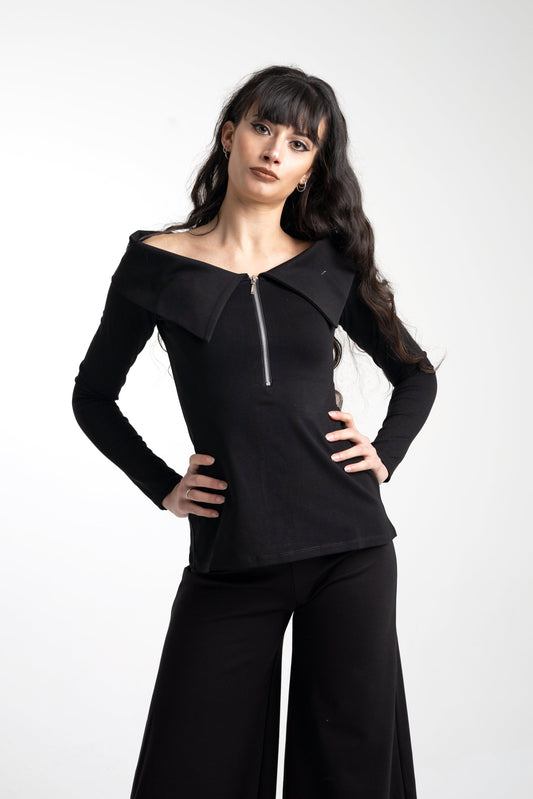 Boat neck collar zipper top- Bardot victorian top