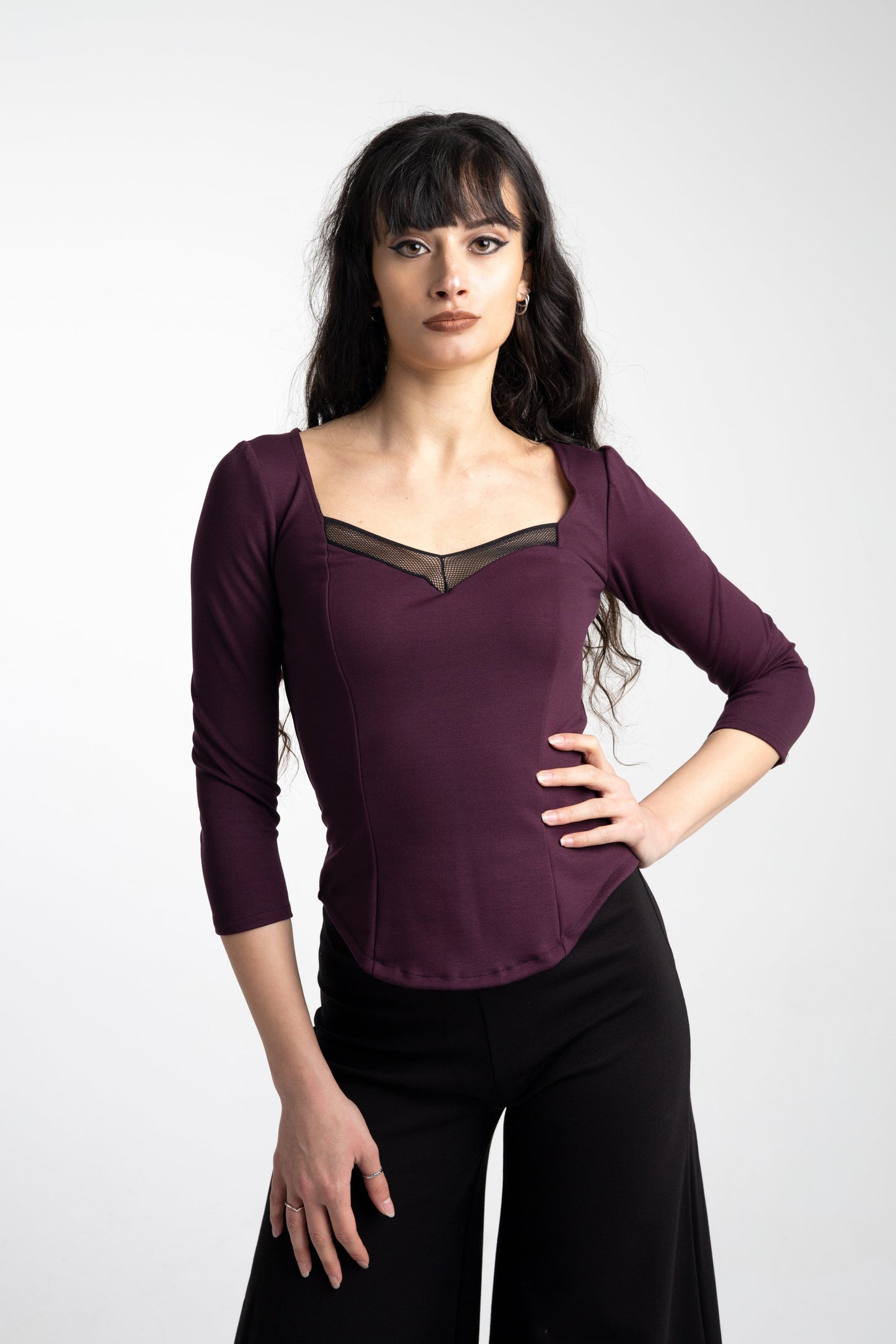 3/4 sleeve goth Coset top. Pin-up Square neck mesh top