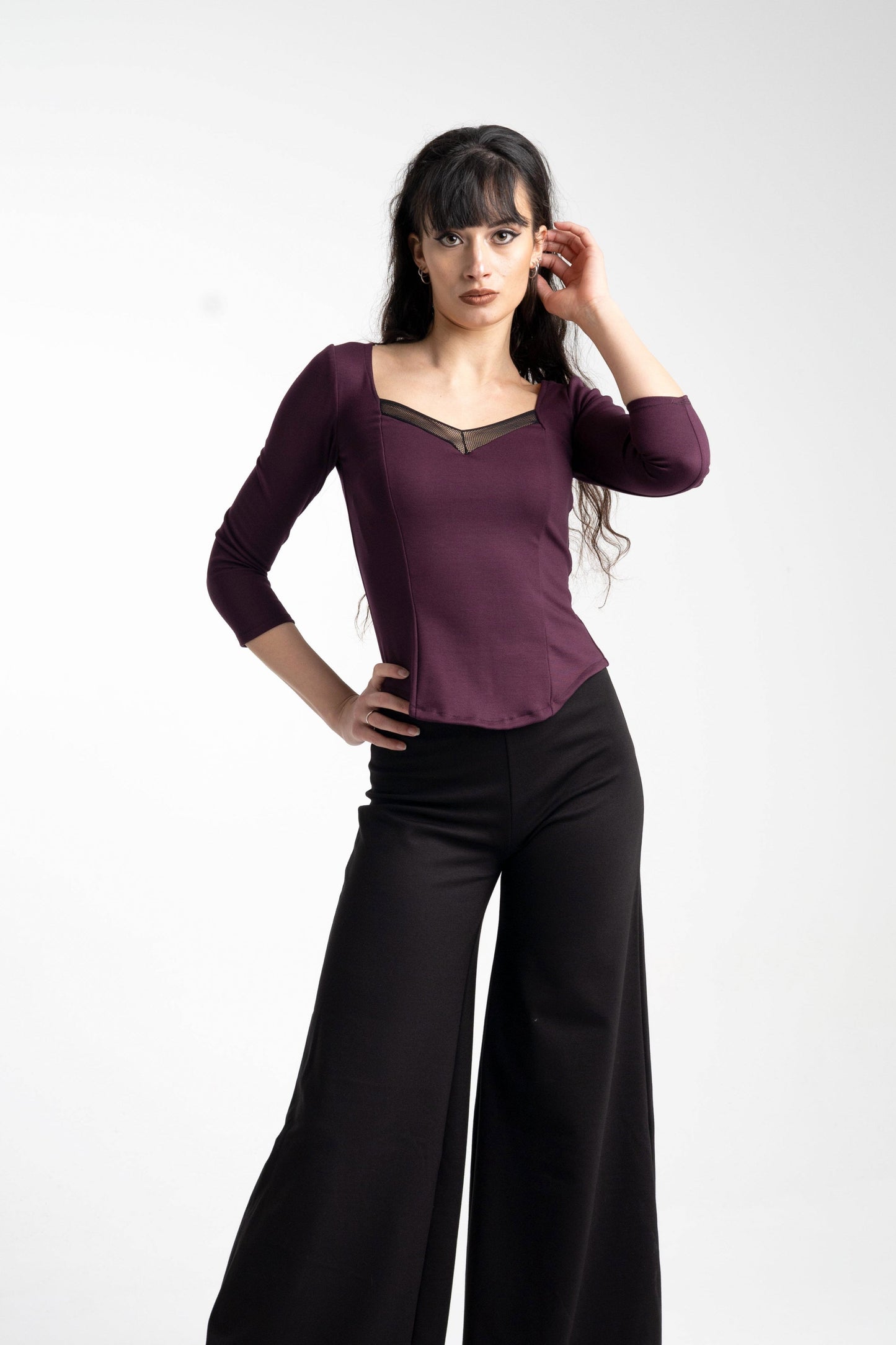 Plum 3/4 sleeve goth Coset top. Pin-up Square neck mesh top