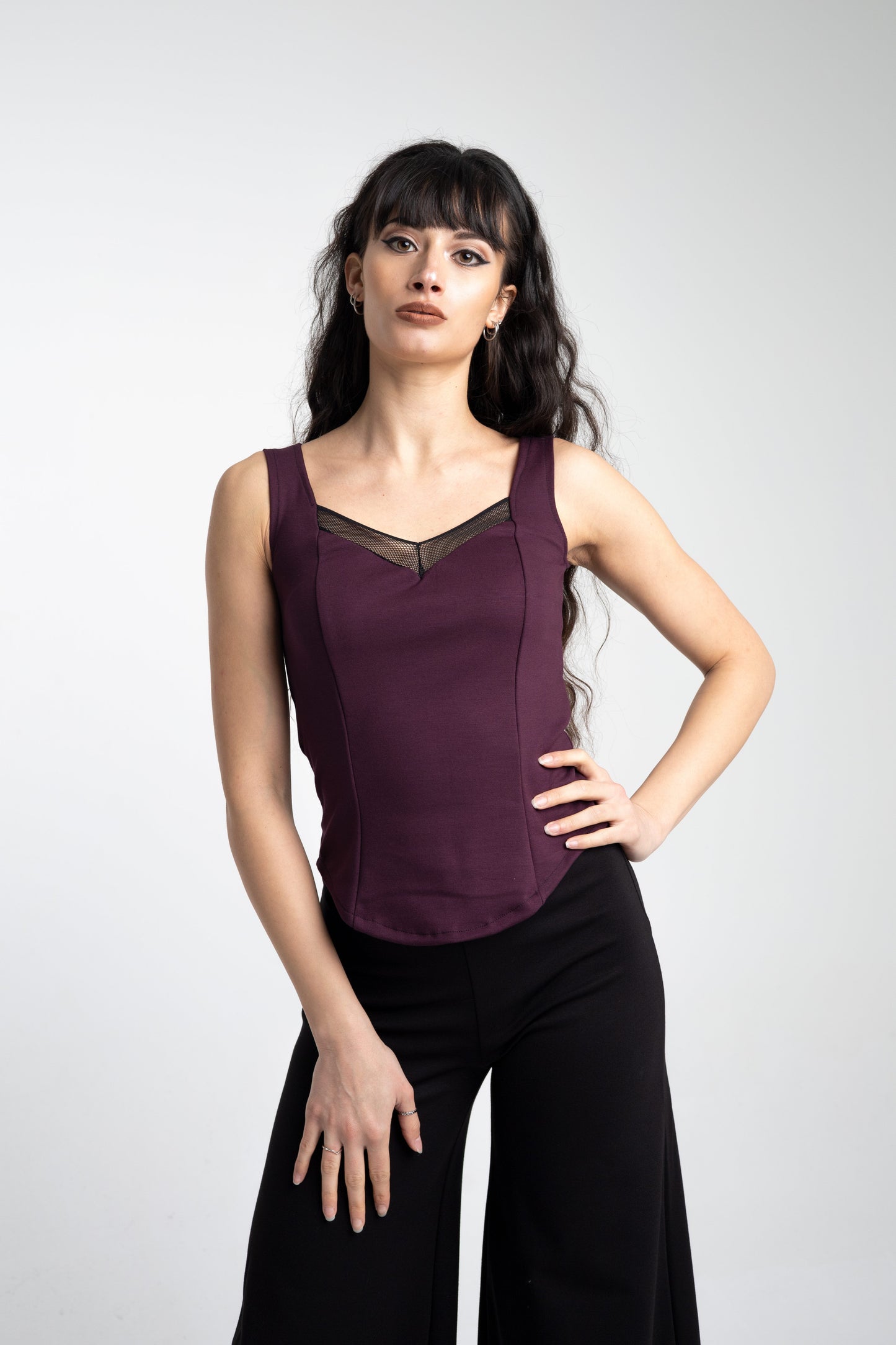 Black Sleeveless Coset top. Square neck mesh top