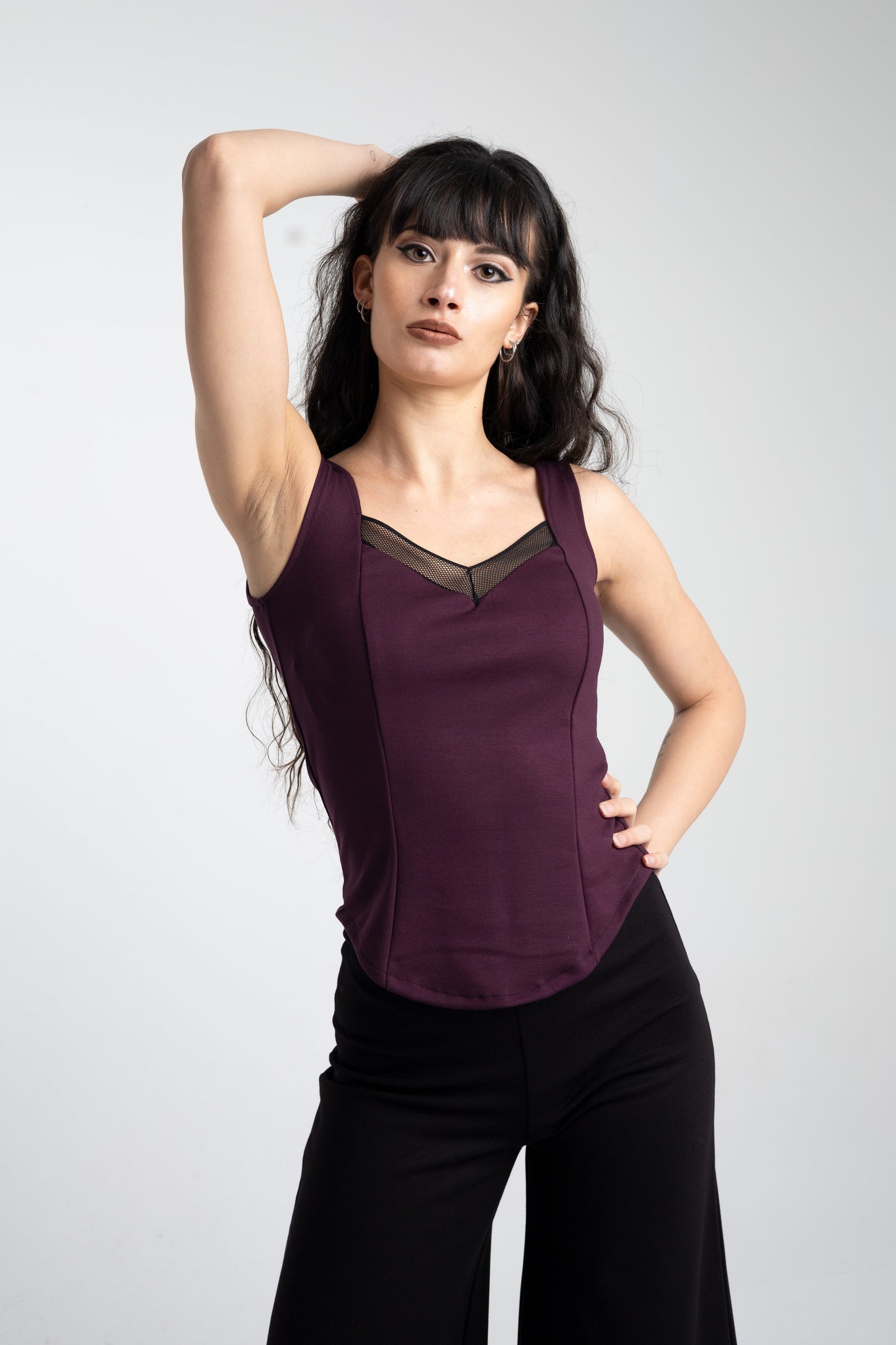 Black Sleeveless Coset top. Square neck mesh top