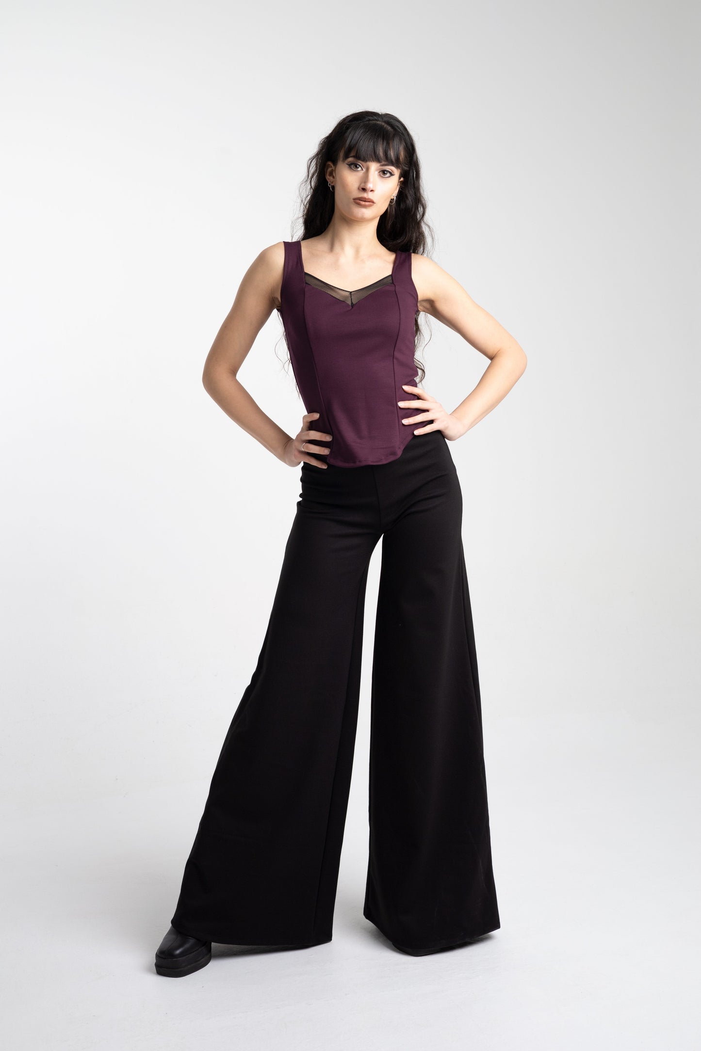 Black Sleeveless Coset top. Square neck mesh top