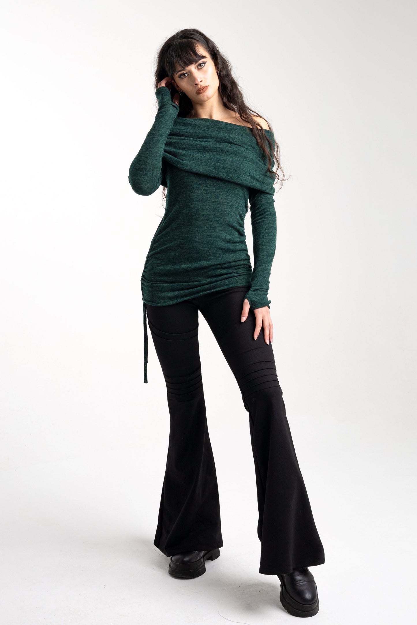 Black hooded cowl neck sweater-dress