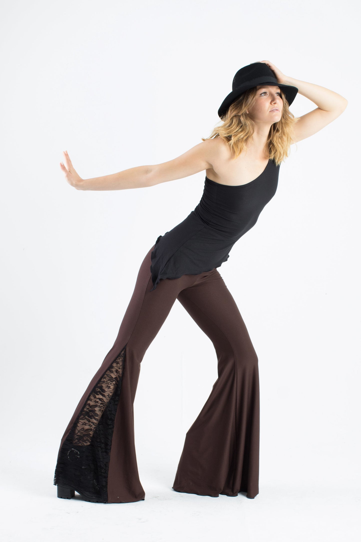Black Flared Pants with Lace Godet