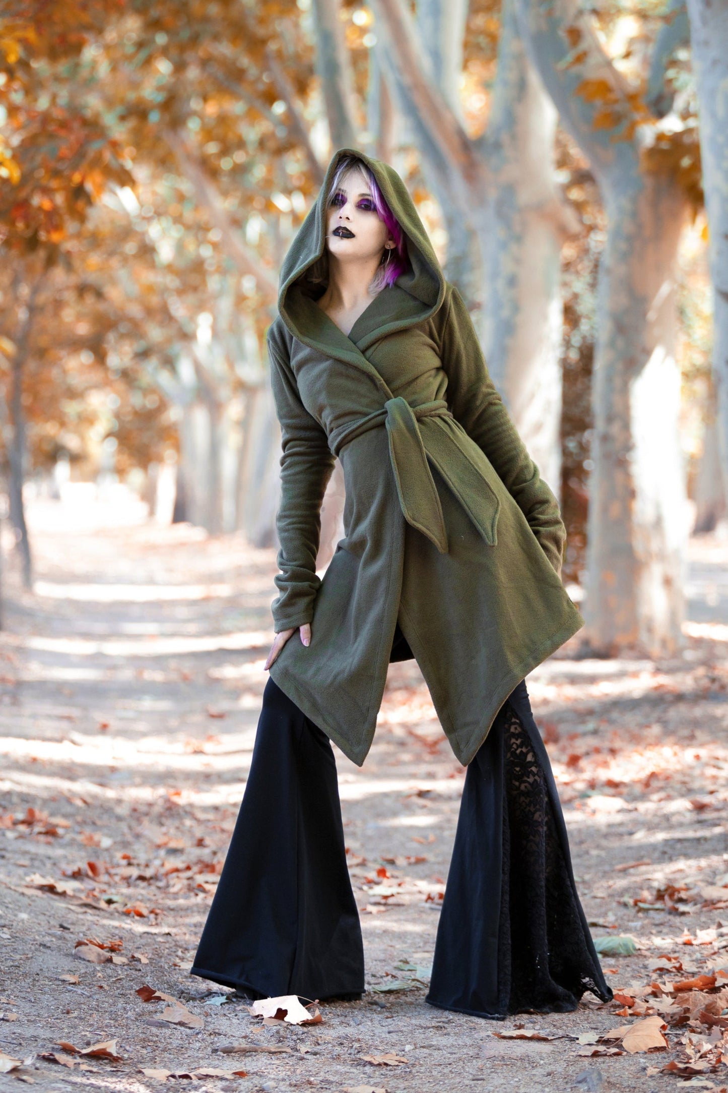 Black Hooded Elven Wrap Cloak – Asymmetrical Fleece Cape with Maxi Hood