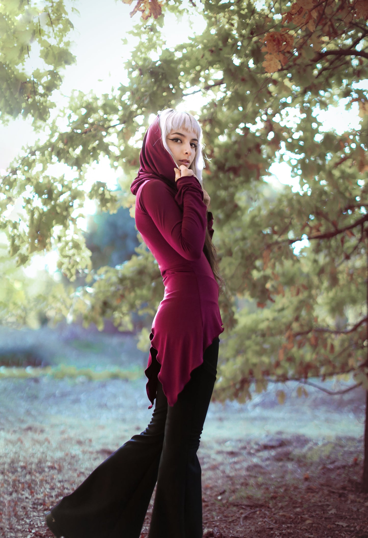 Hikari Wine Hooded Elven Cowl Neck Top