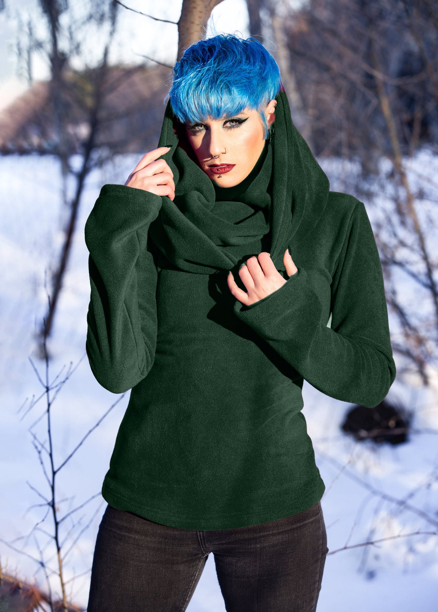 BLACK Fairy Cowl Neck Hooded Sweatshirt – Cotton Fleece Elven Hoodie