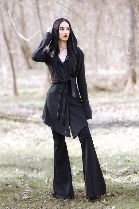 Black Hooded Elven Wrap Cloak – Asymmetrical Fleece Cape with Maxi Hood