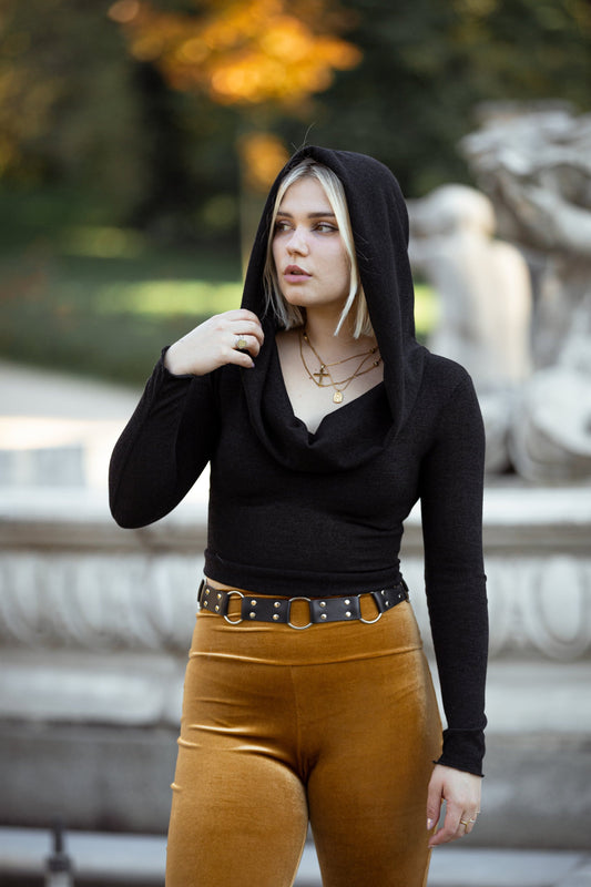 Black Cowl Hooded sleeve fairy crop top