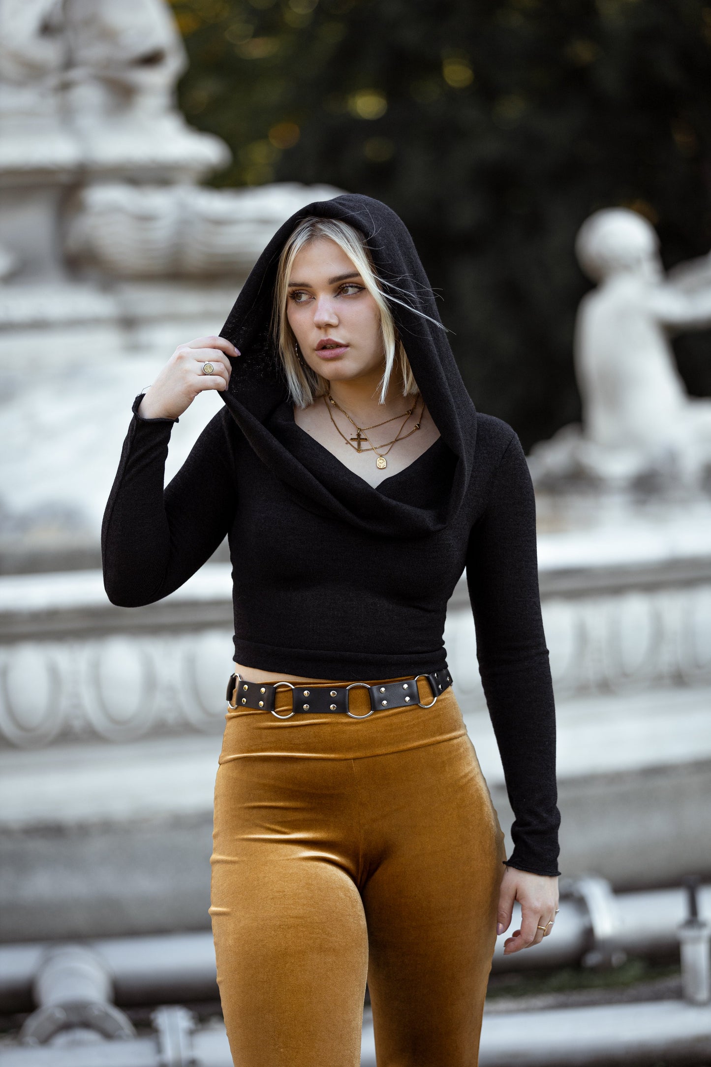 Black Cowl Hooded sleeve fairy crop top