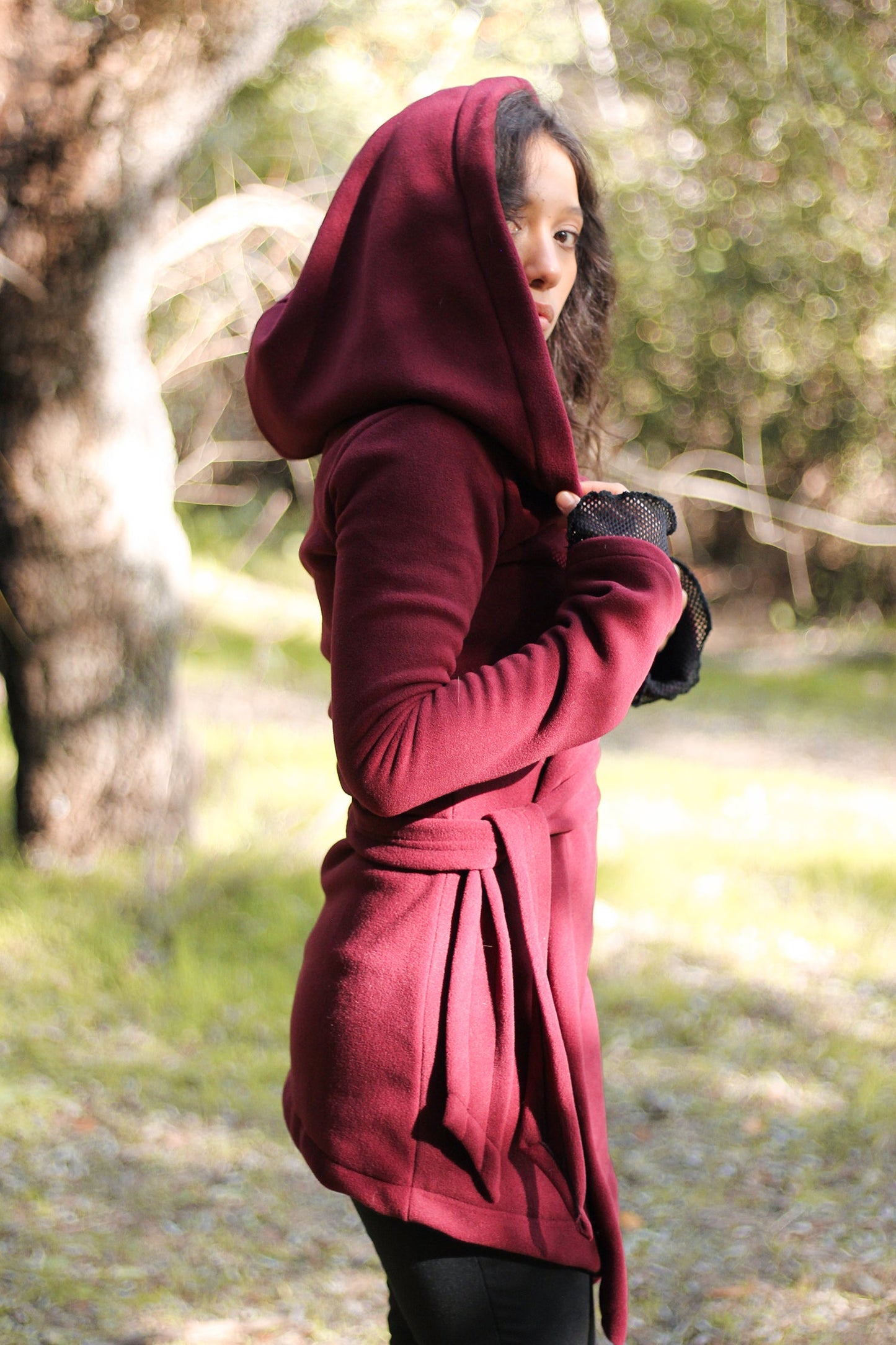 Black Hooded Elven Wrap Cloak – Asymmetrical Fleece Cape with Maxi Hood