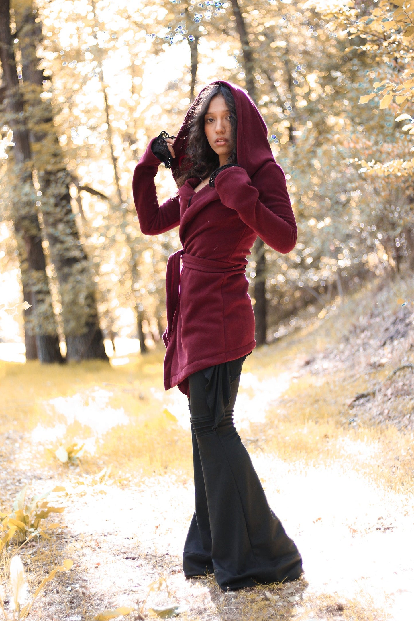 Black Hooded Elven Wrap Cloak – Asymmetrical Fleece Cape with Maxi Hood