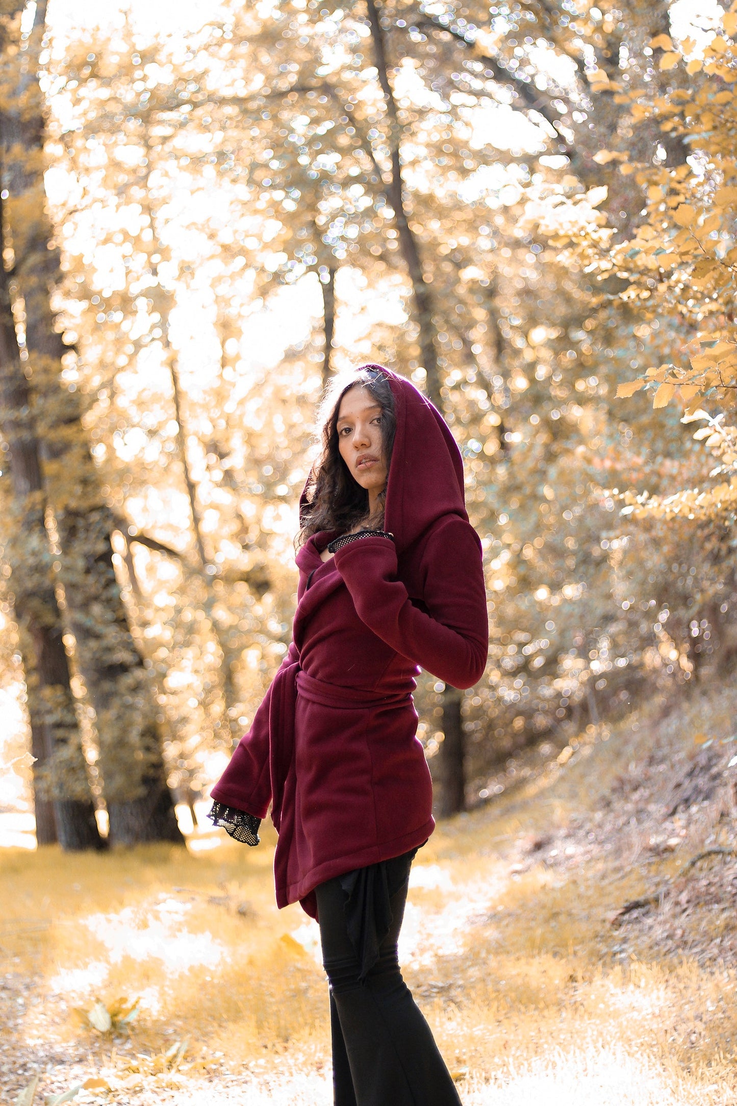 Black Hooded Elven Wrap Cloak – Asymmetrical Fleece Cape with Maxi Hood