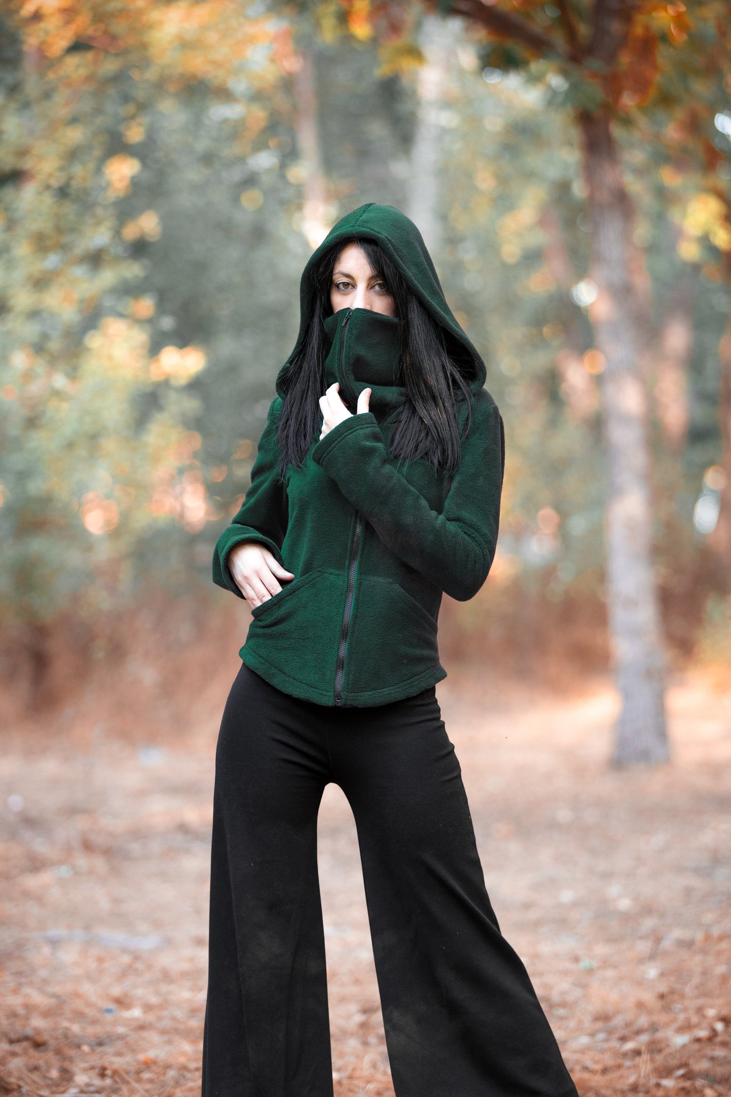 Black Ninja Hooded Fleece Jacket – Gothic Pixie Winter Coat with Face Mask