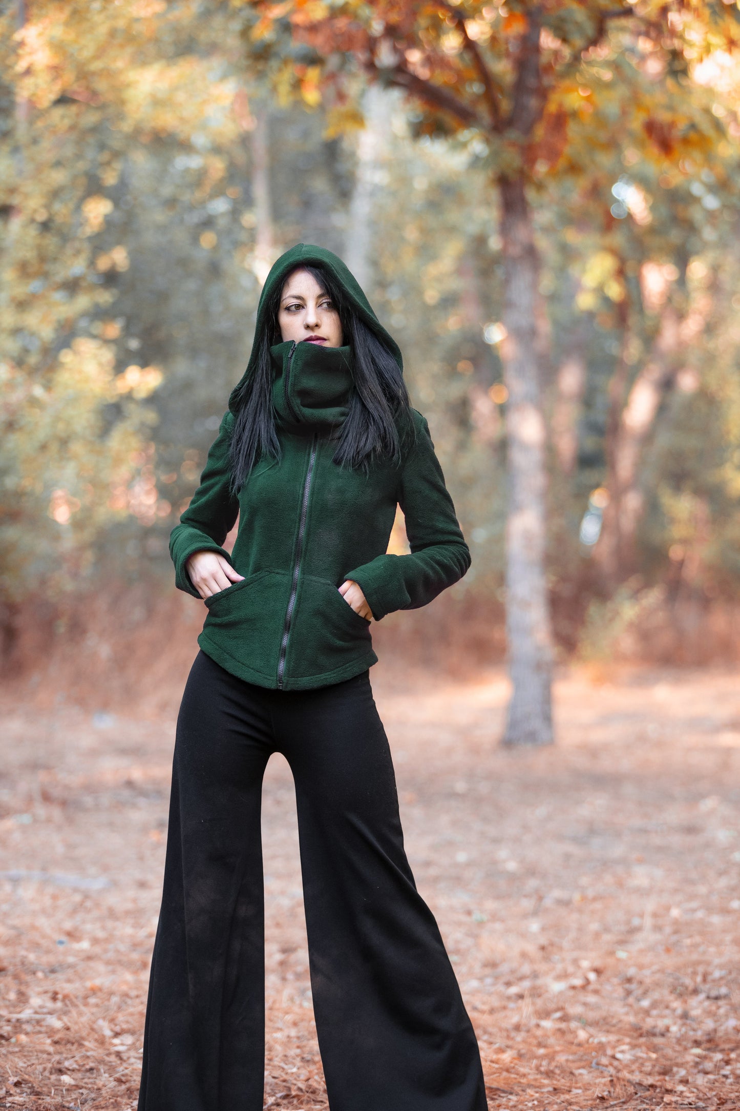 Black Ninja Hooded Fleece Jacket – Gothic Pixie Winter Coat with Face Mask