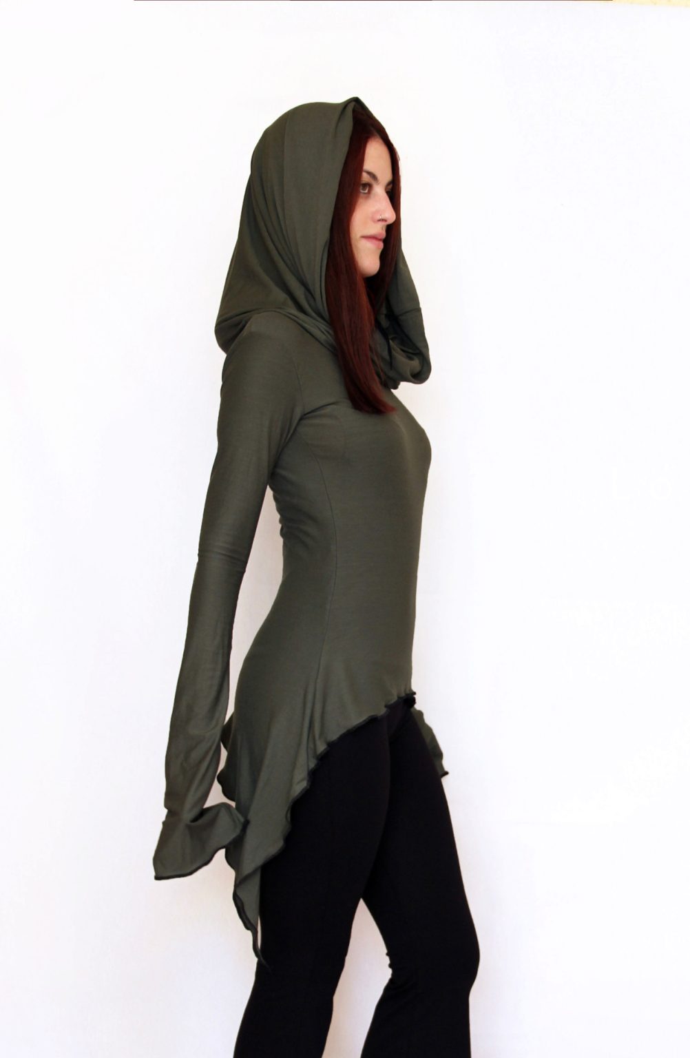 Green Hooded Elven Cowl Neck Top