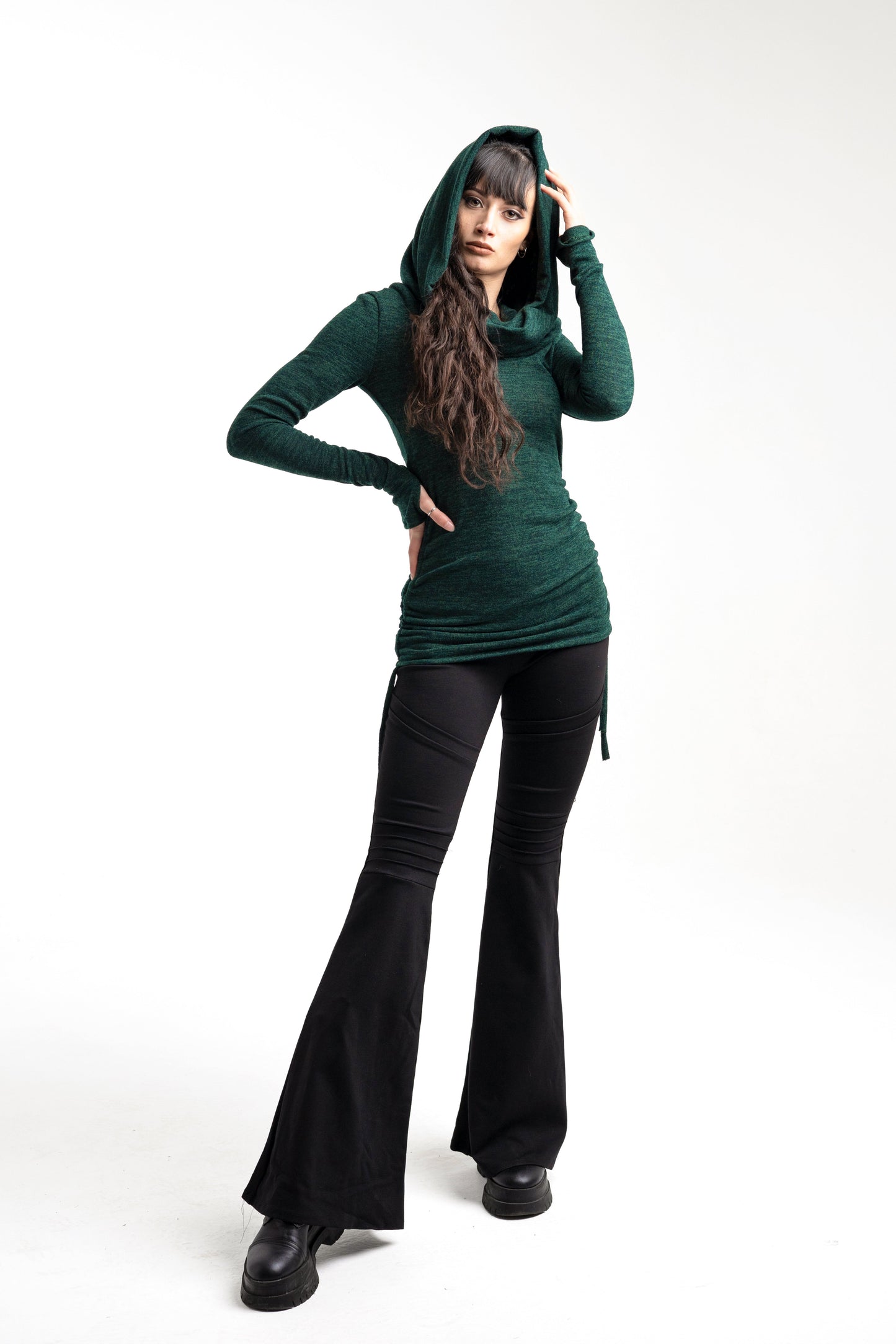 Forest green cowl hooded sweater-dress with adjustable length