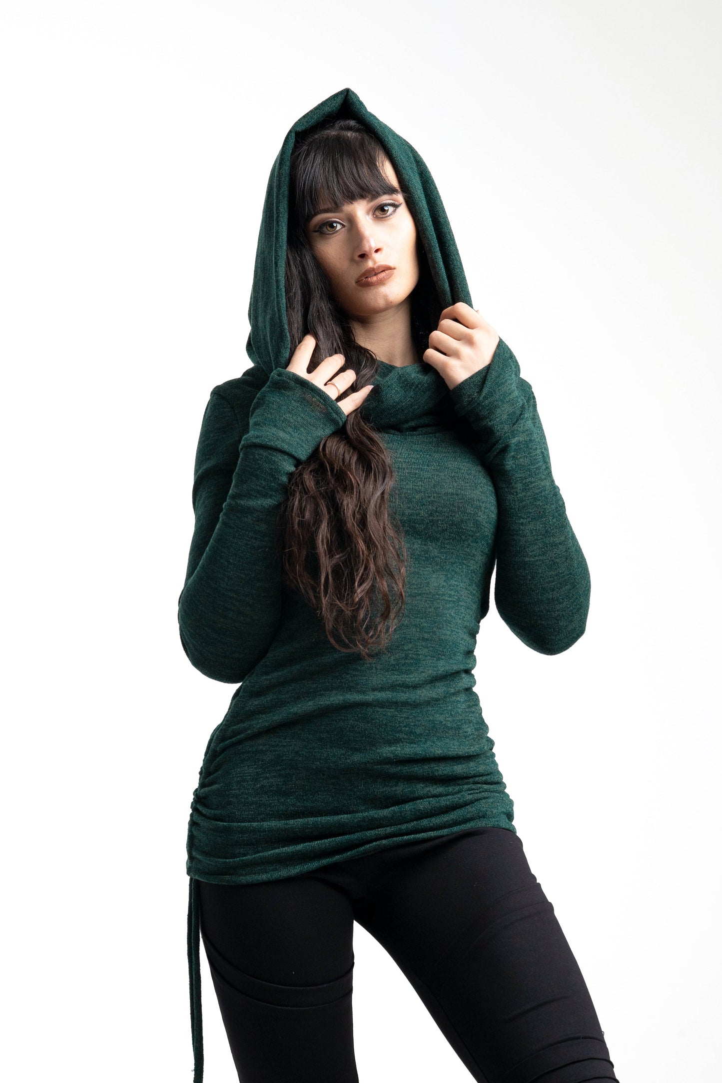 Black hooded cowl neck sweater-dress