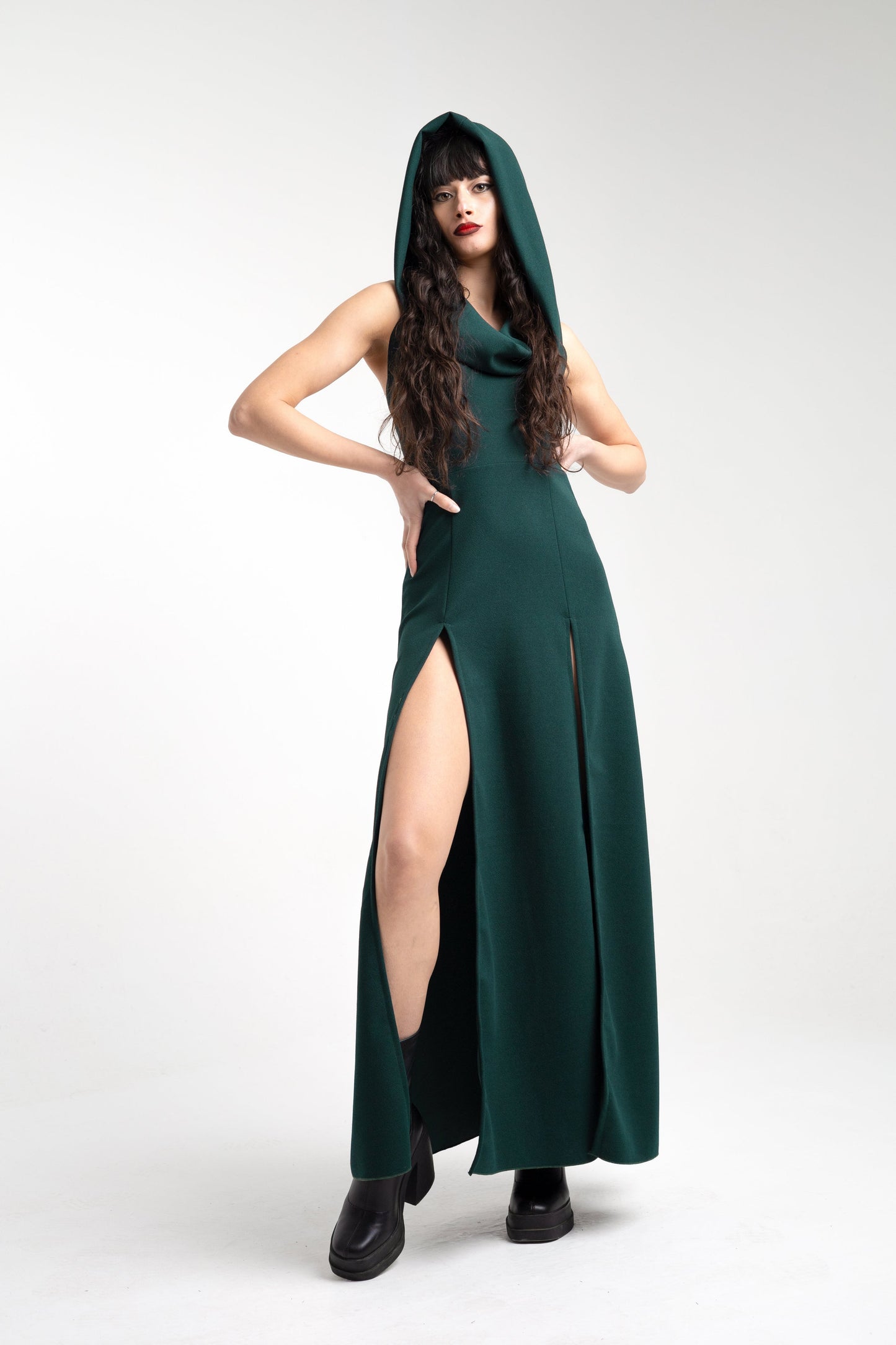 Cowl hooded double front slit maxi dress - Emerald green