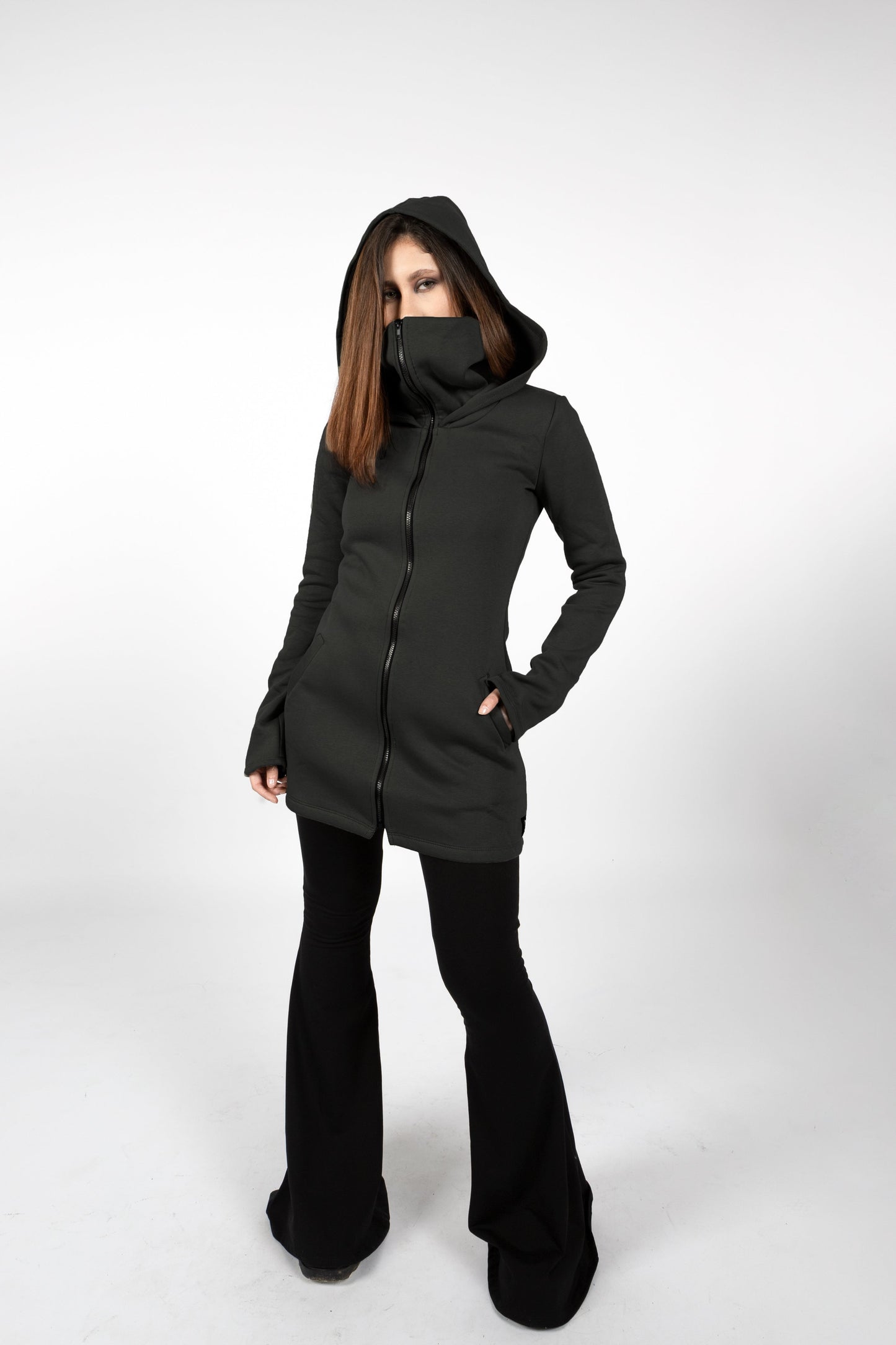 Green Elven Zipper Sweatshirt Coat with Hood & Face Mask
