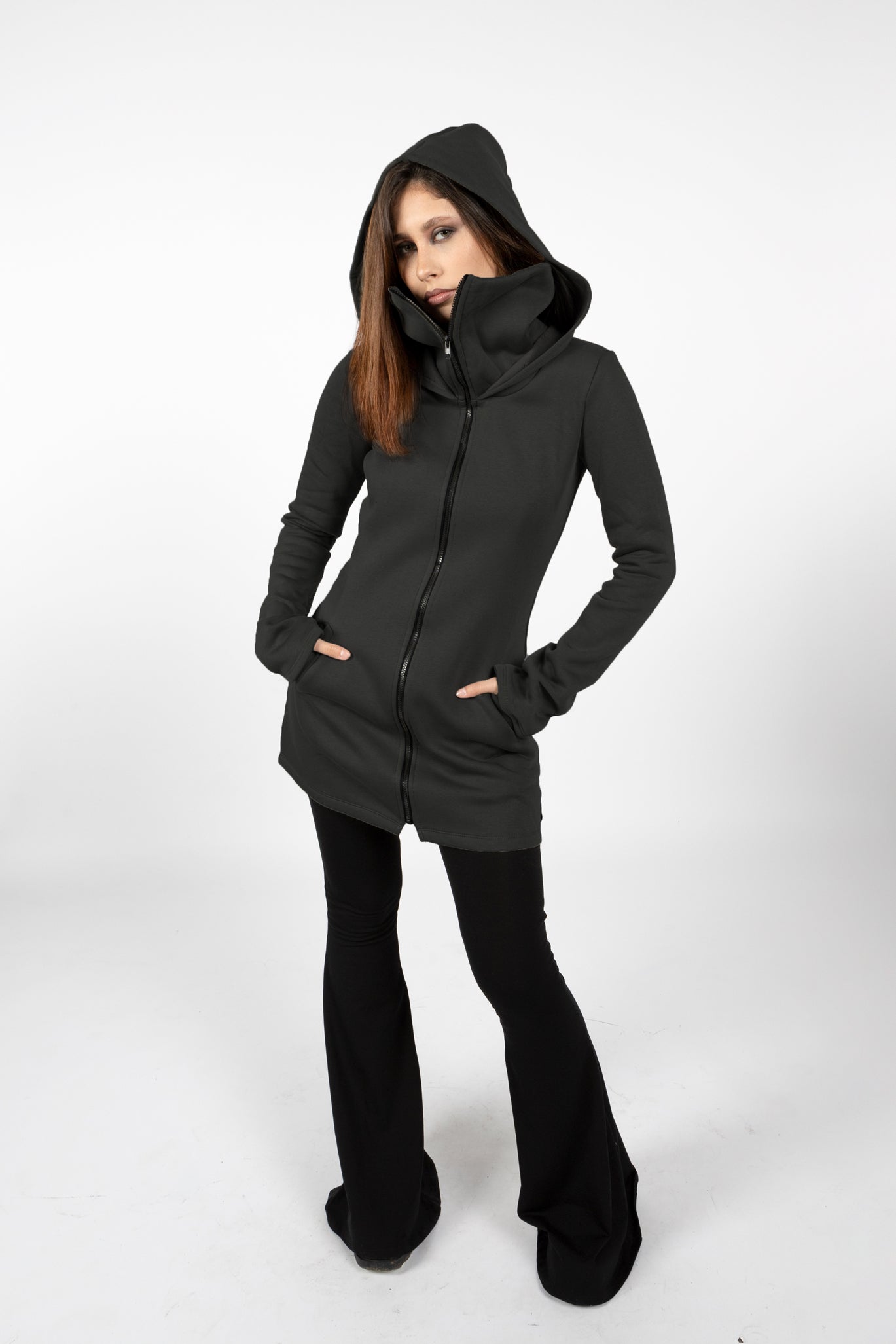 Green Elven Zipper Sweatshirt Coat with Hood & Face Mask