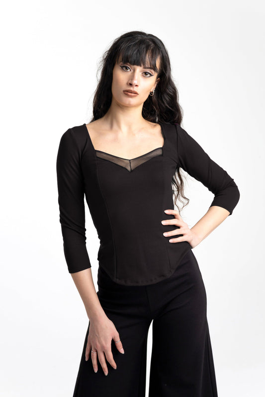 3/4 sleeve goth Coset top. Pin-up Square neck mesh top