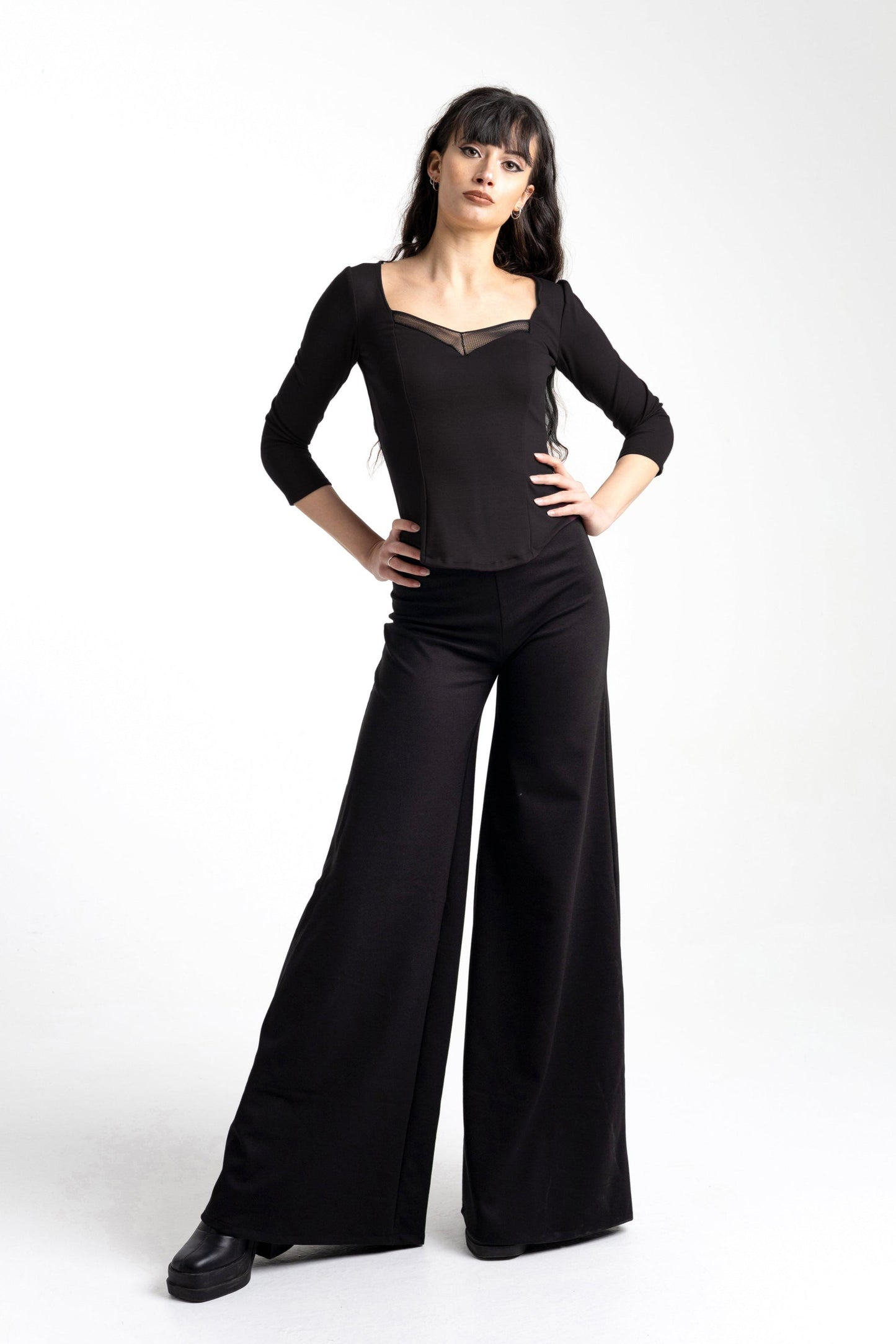 3/4 sleeve goth Coset top. Pin-up Square neck mesh top