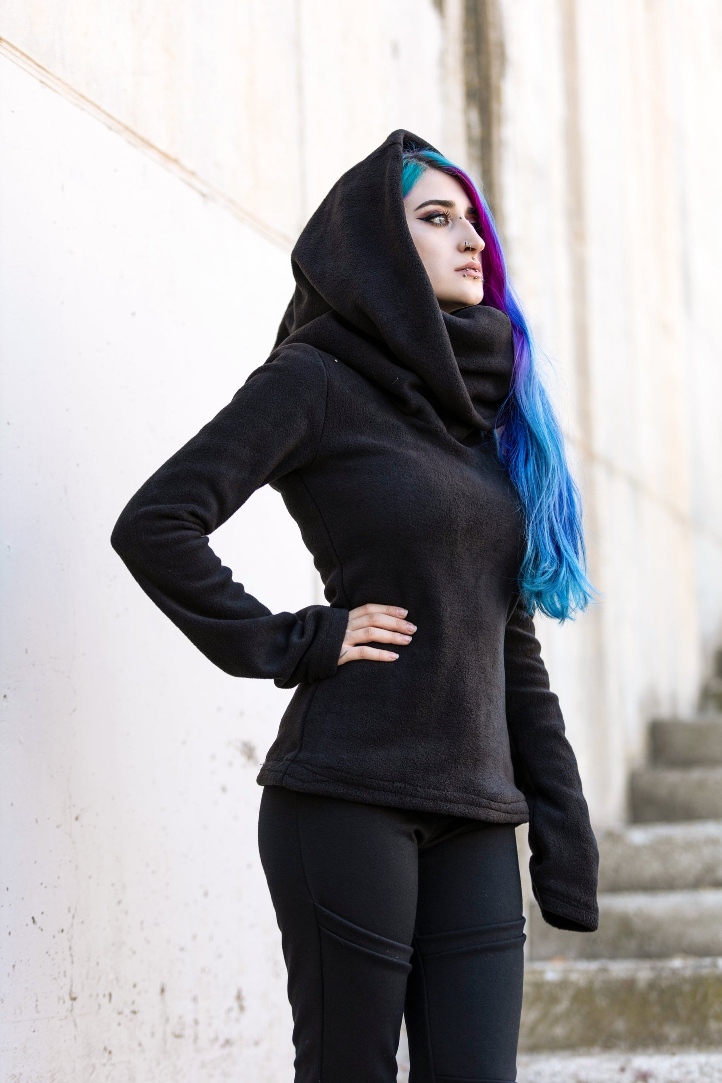 BLACK Fairy Cowl Neck Hooded Sweatshirt – Cotton Fleece Elven Hoodie