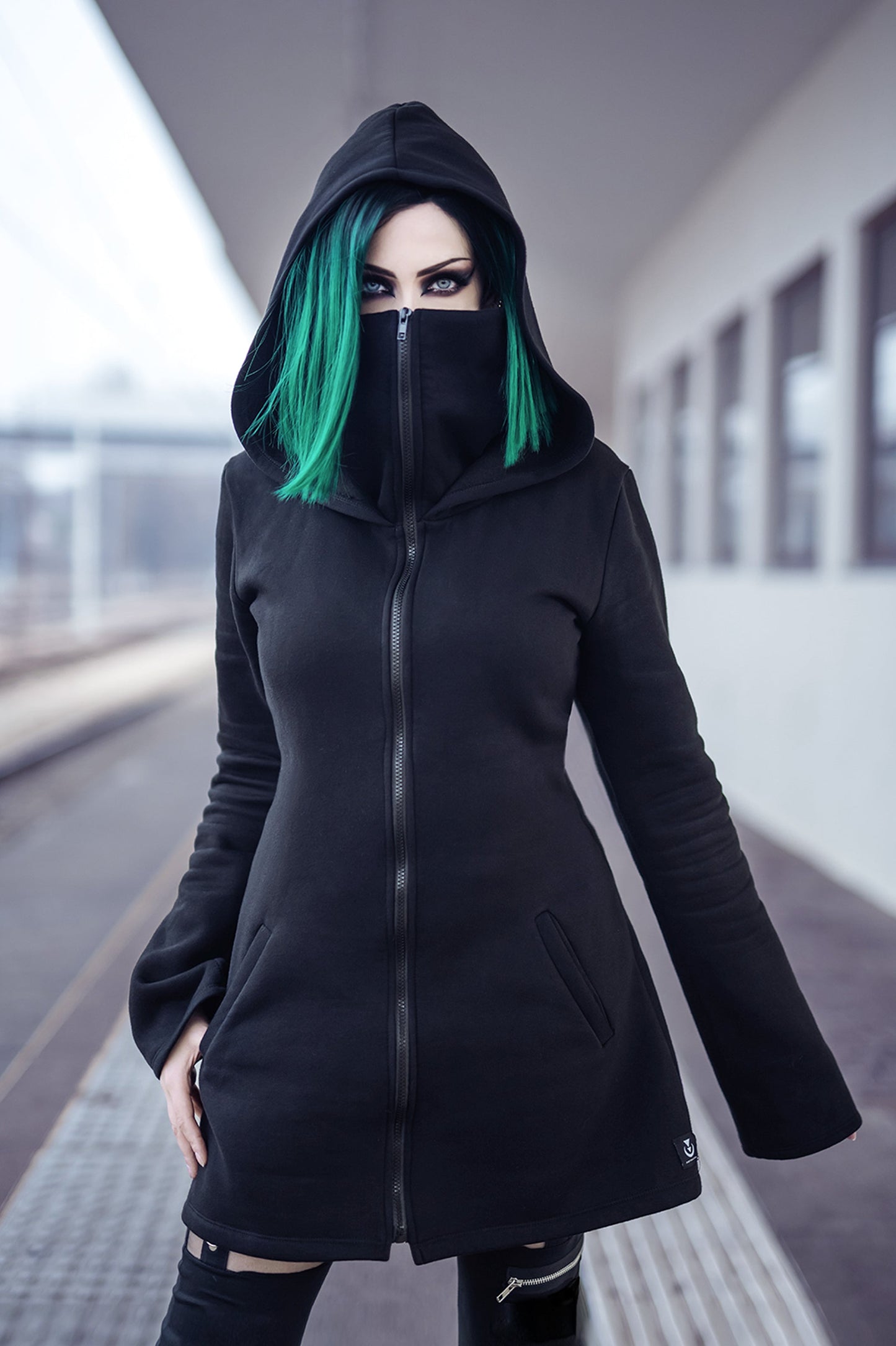Green Elven Zipper Sweatshirt Coat with Hood & Face Mask