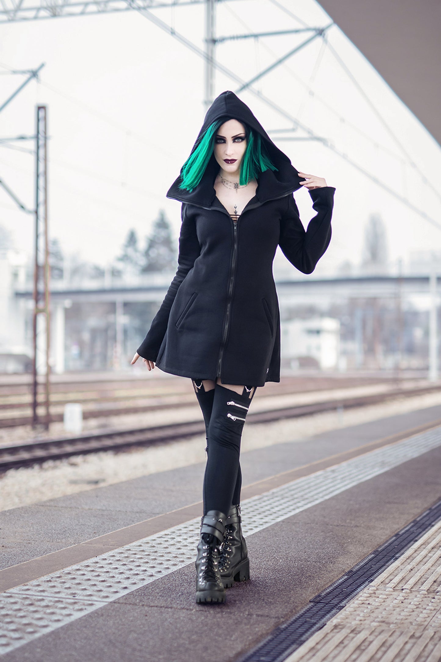 Green Elven Zipper Sweatshirt Coat with Hood & Face Mask