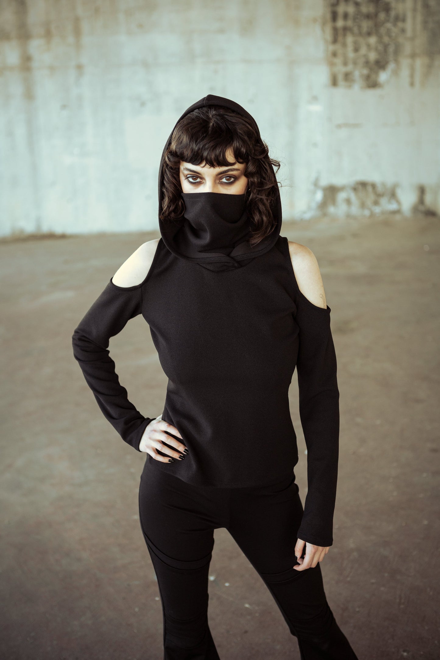 Black Gothic Elven Hoodie with Face Mask – Grunge Festival Long Sleeve Top