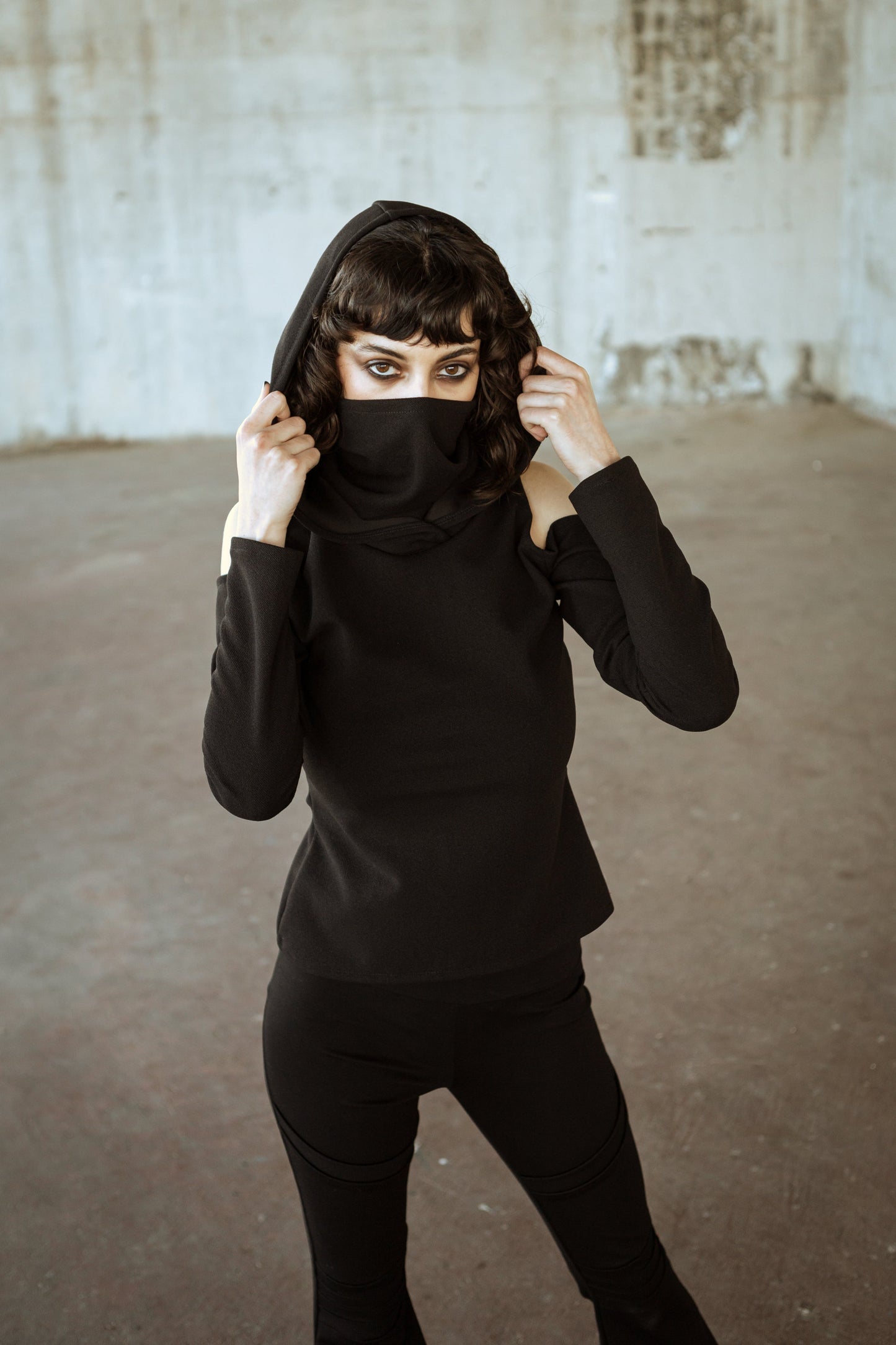 Black Gothic Elven Hoodie with Face Mask – Grunge Festival Long Sleeve Top