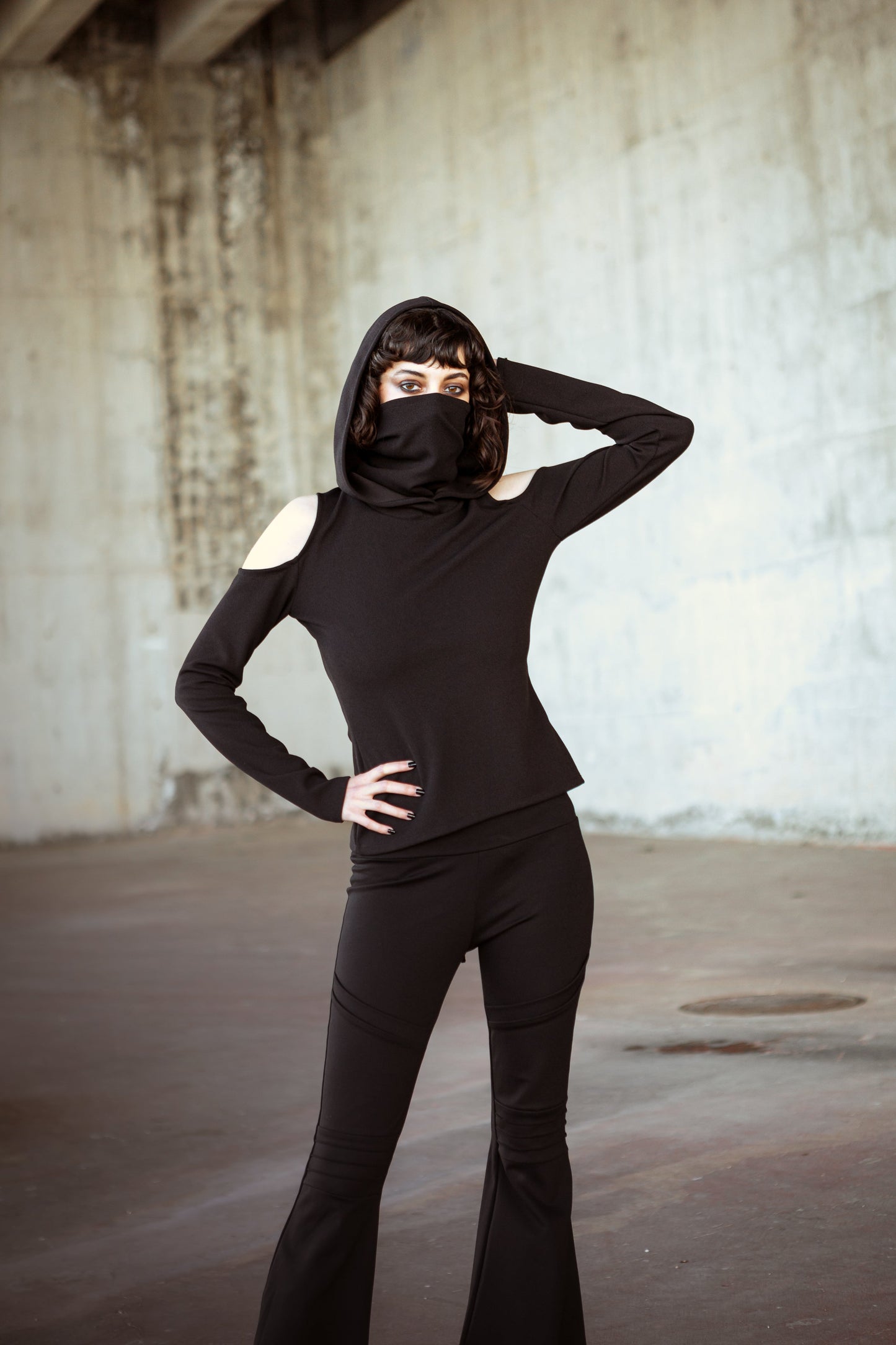 Black Gothic Elven Hoodie with Face Mask – Grunge Festival Long Sleeve Top