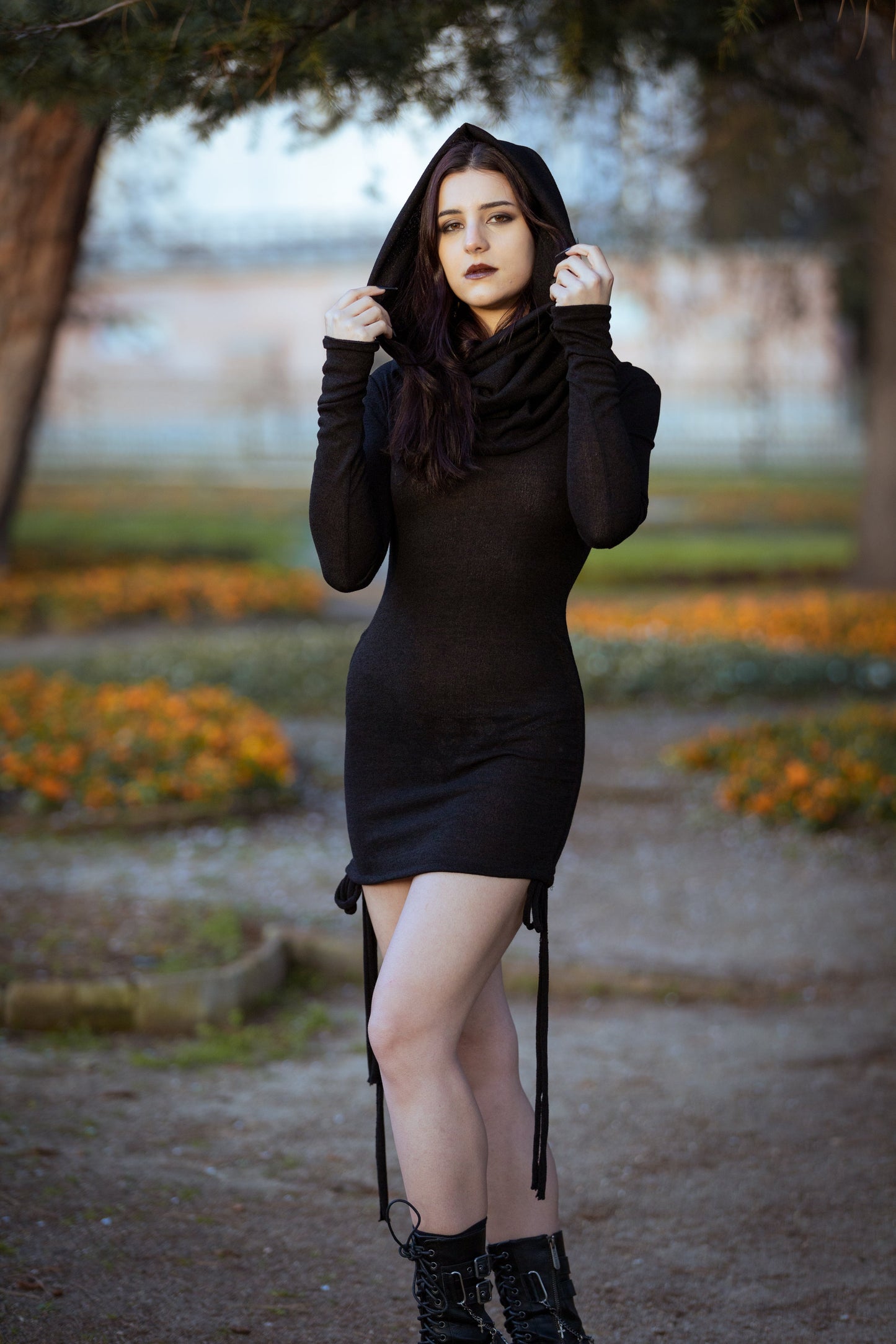 Bordeaux cowl hooded sweater-dress with adjustable length