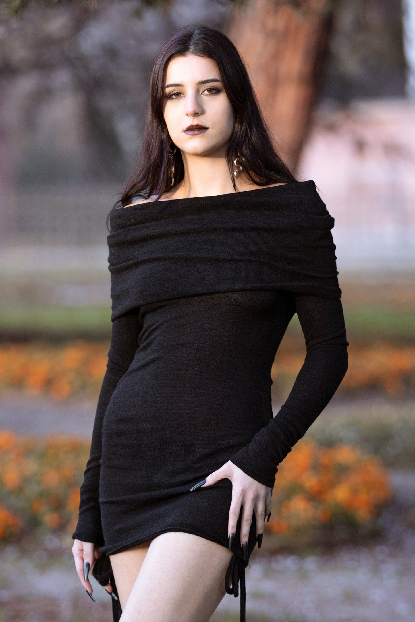 Forest green cowl hooded sweater-dress with adjustable length