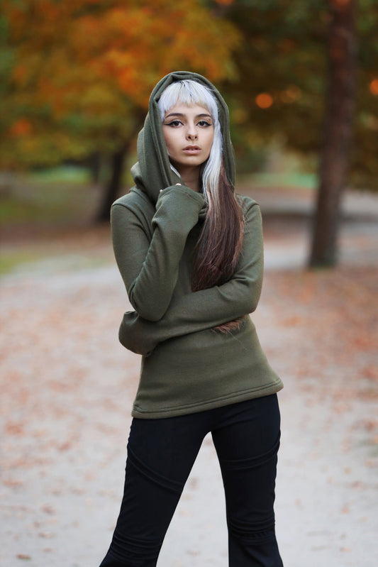 Green Fairy Cowl Neck Hooded Sweatshirt – Cotton Fleece Elven Hoodie
