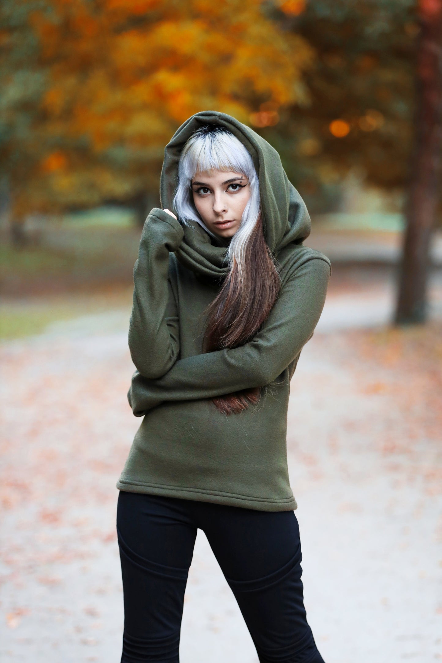 Green Fairy Cowl Neck Hooded Sweatshirt – Cotton Fleece Elven Hoodie
