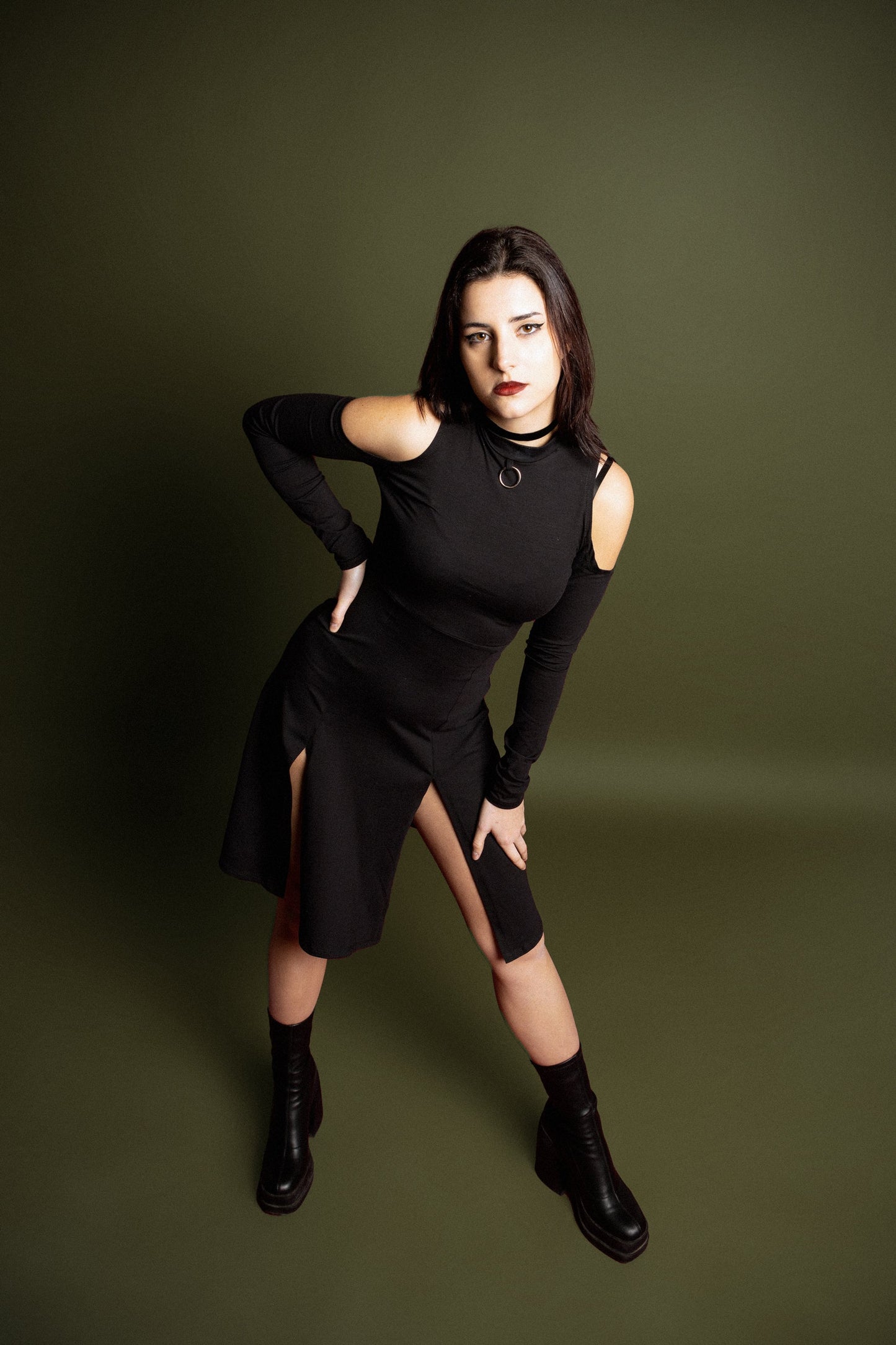 Black midi front slits cold shoulder sleeve grunge dress