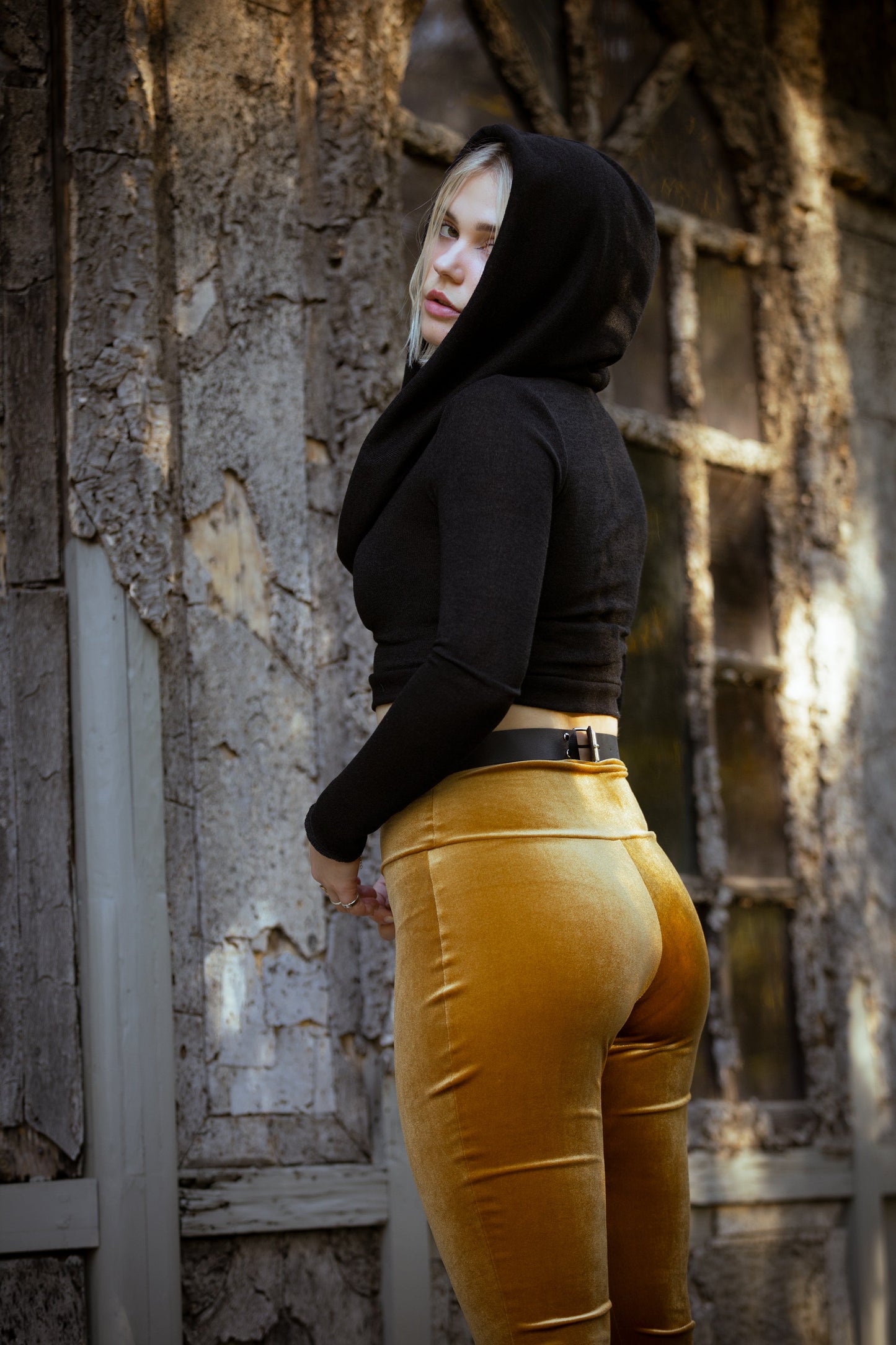 Black Cowl Hooded sleeve fairy crop top