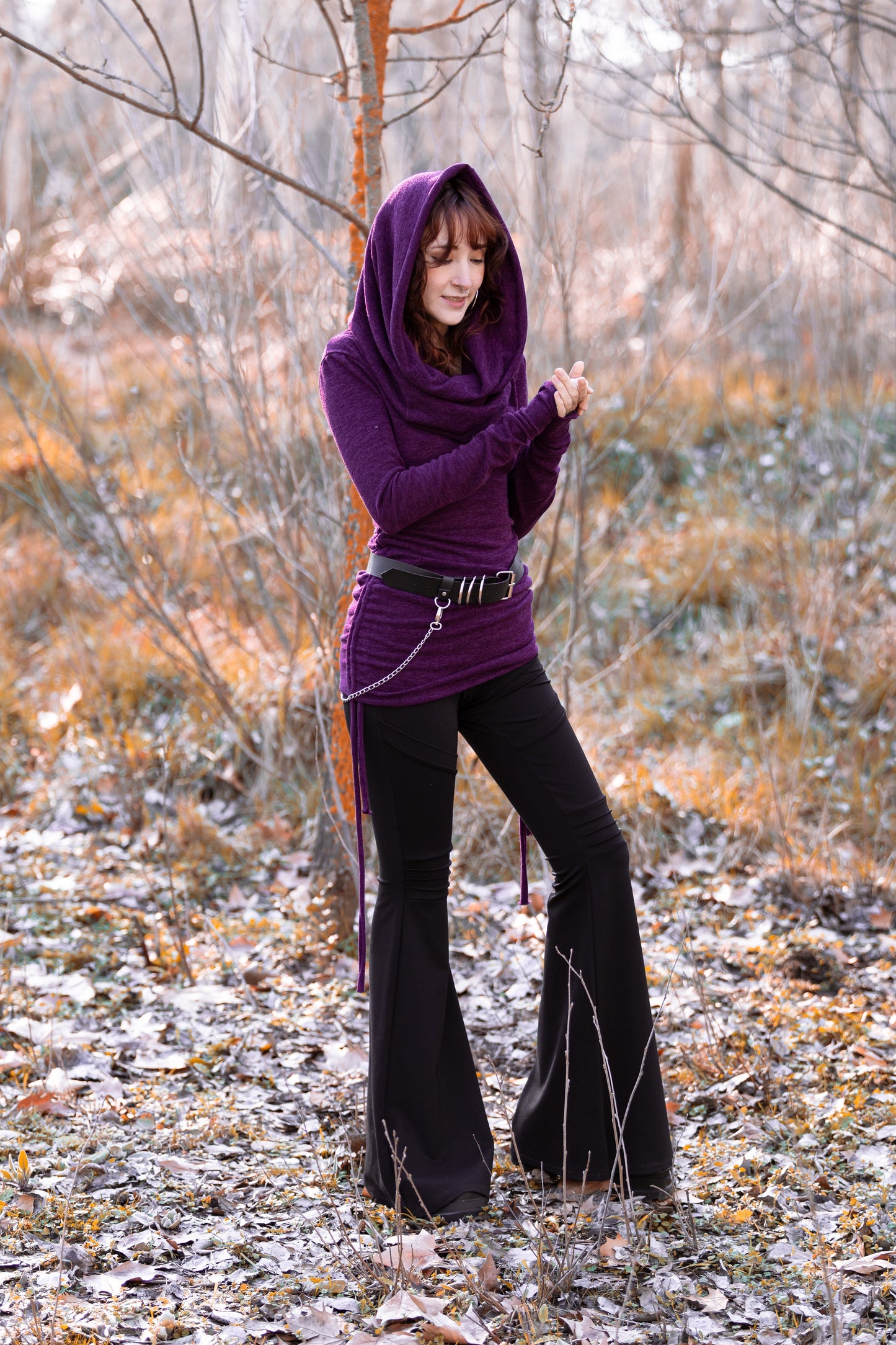 Forest green cowl hooded sweater-dress with adjustable length