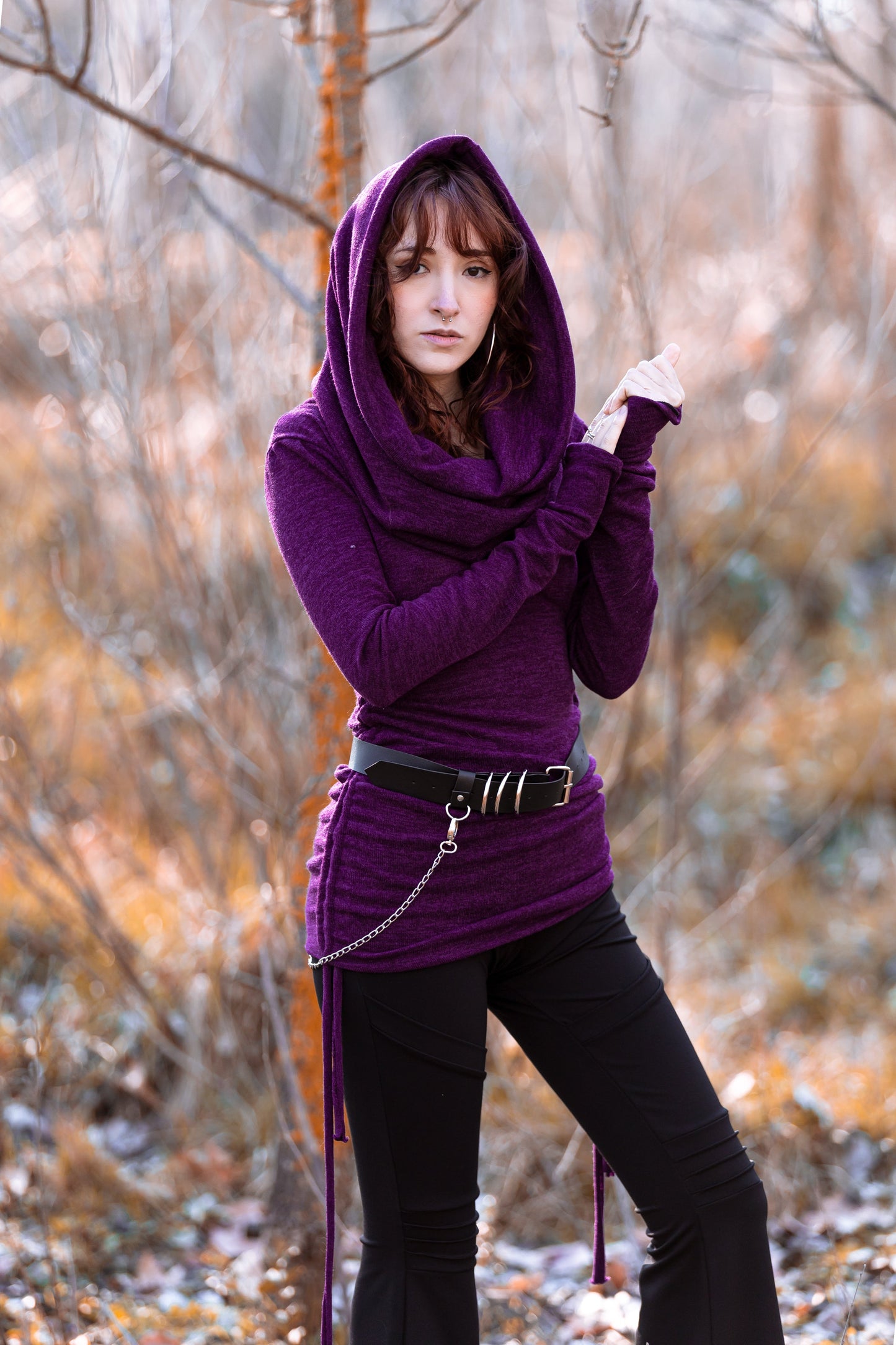 Black hooded cowl neck sweater-dress