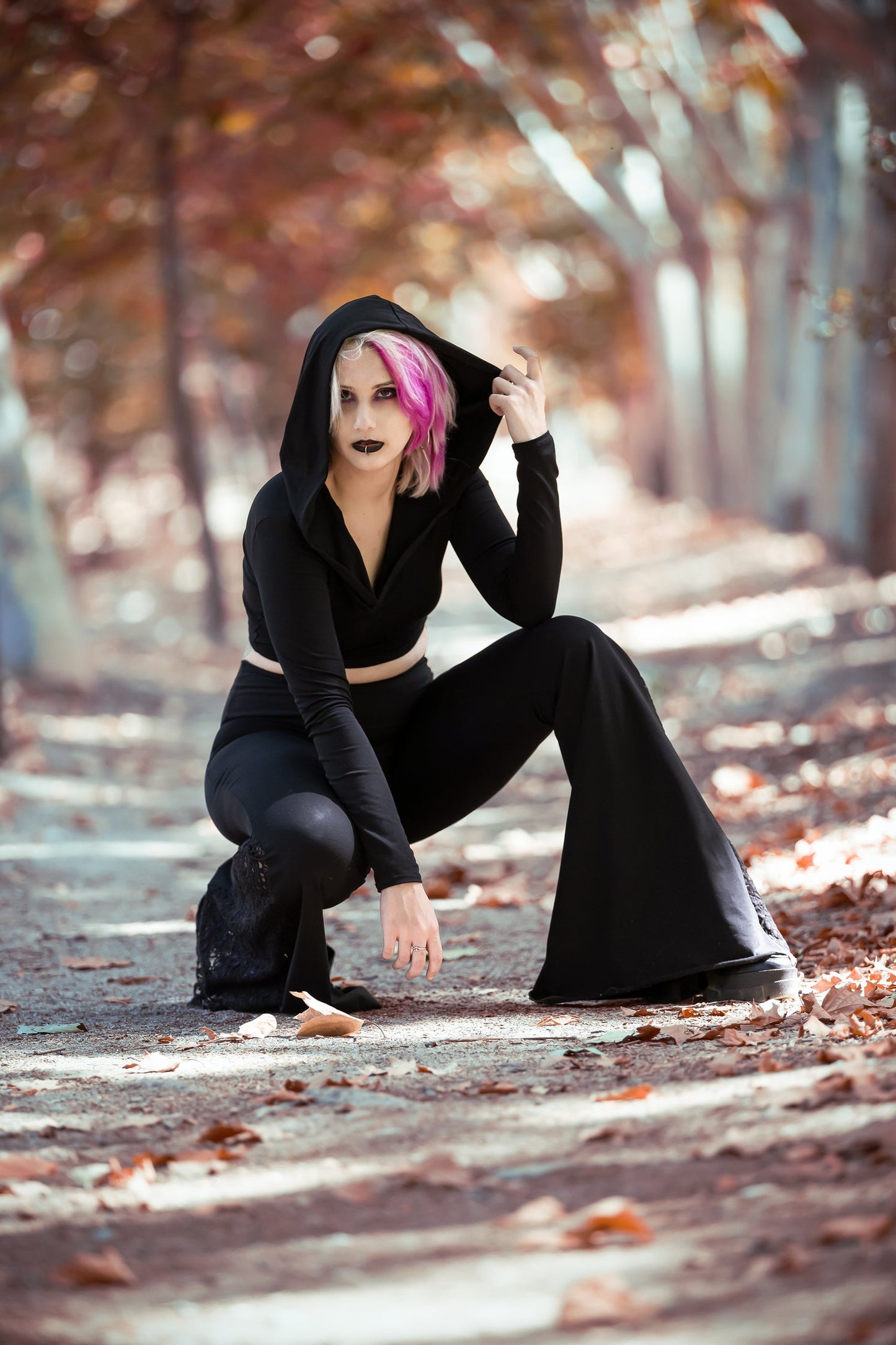 Black Flared Pants with Lace Godet