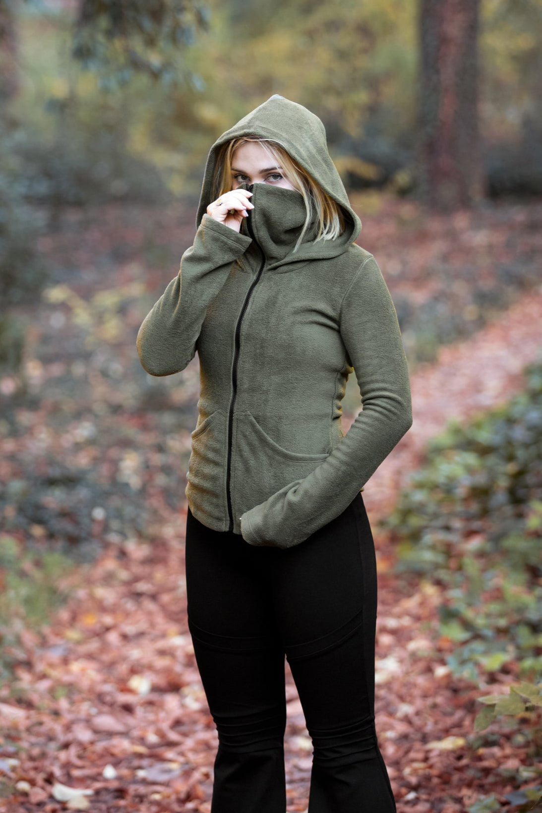Green Ninja Hooded Fleece Jacket – Gothic Pixie Winter Coat with Face Mask