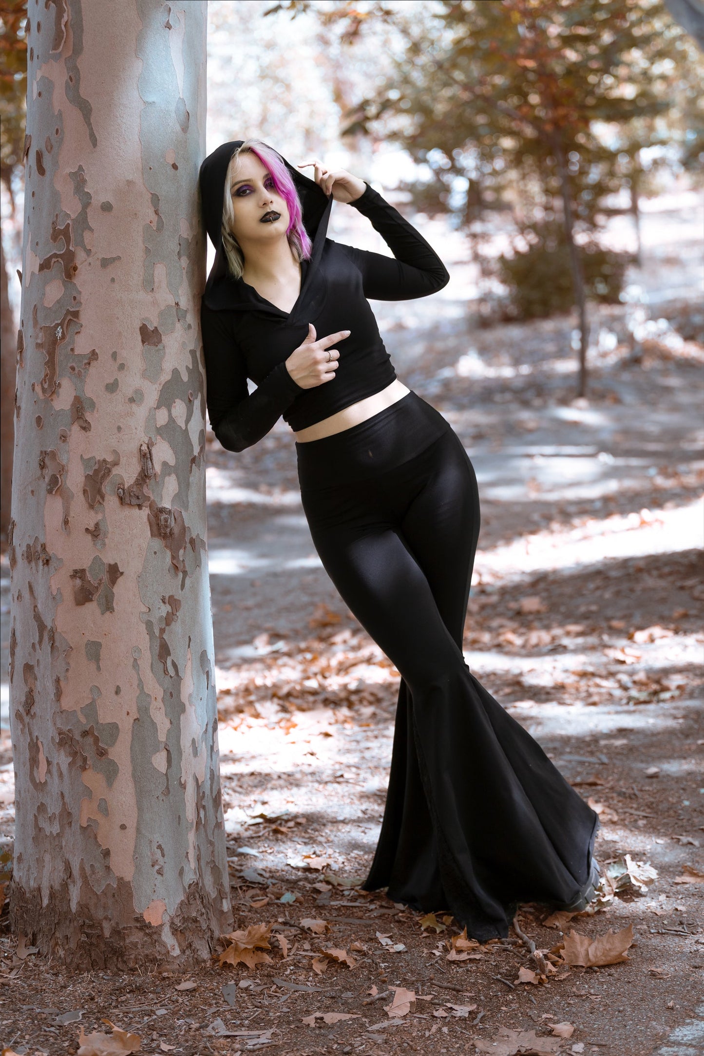 Black Flared Pants with Lace Godet